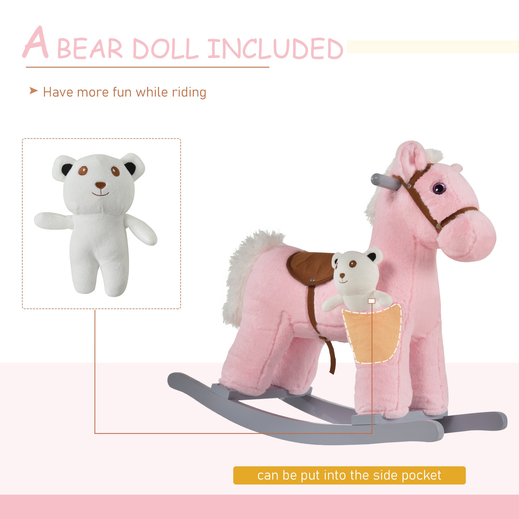 Kids Plush Ride-On Rocking Horse with Bear Toy, Children Chair with Soft Plush Toy &; Fun Realistic Sounds, Pink Rocking Horses at Gallery Canada
