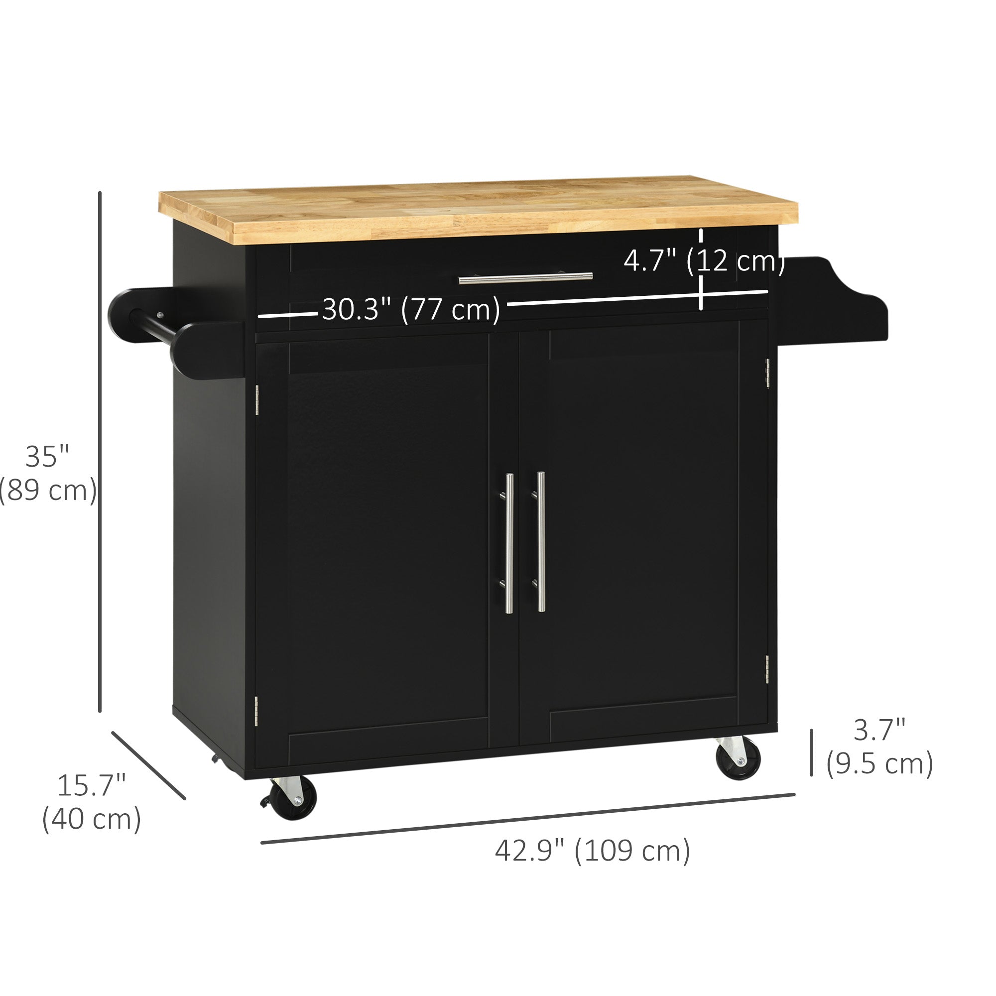 Kitchen Island with Storage, Rolling Cart Trolley with Rubberwood Top, Adjustable Shelf, Drawer, Spice Rack, Black Kitchen Islands & Kitchen Carts at Gallery Canada