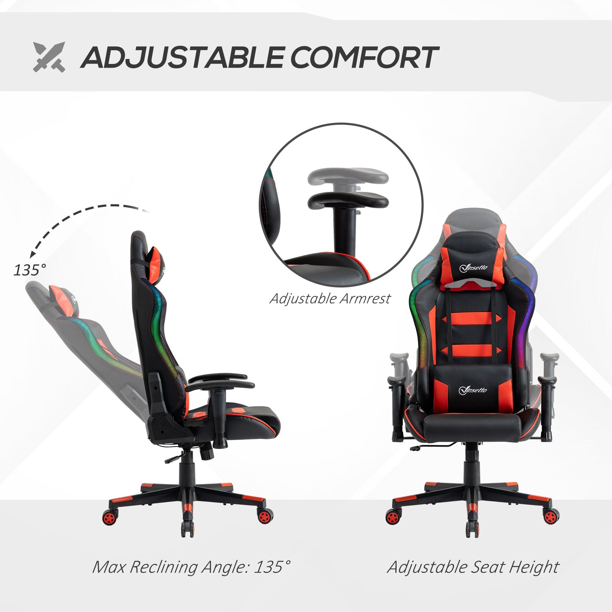 Racing Office Chair with RGB LED Light, Gaming Desk Chair with Lumbar Support, High Back PU Leather Swivel Computer Recliner, Tilt, Black and Red Video Game Chairs   at Gallery Canada