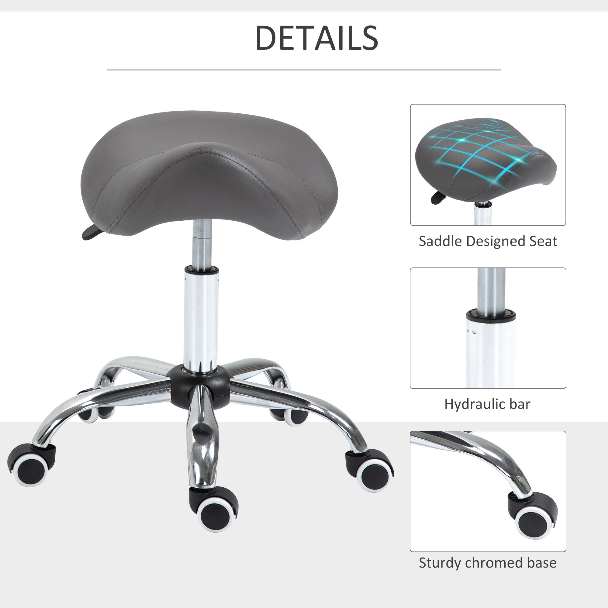 Adjustable Hydraulic Rolling Salon Stool Swivel Saddle Chair Spa Beauty Seat PU Leather, Grey Salon Stools   at Gallery Canada