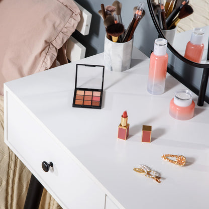 Vanity Set, Makeup Dressing Table Set with Stool, Wood Vanity Desk with Mirror, Storage Drawers and Shelf for Bedroom, White and Black Dressing & Vanity Tables   at Gallery Canada