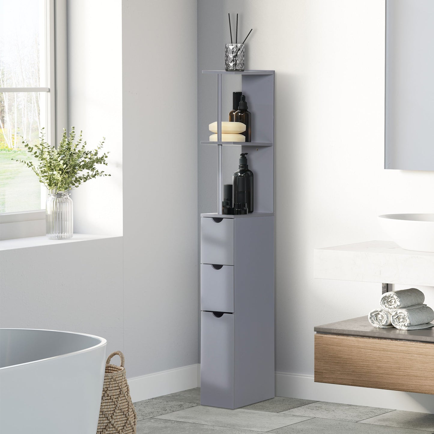 Tall Bathroom Storage Cabinet Scrolled Cupboard Drawer with Open Shelves Space Saving Design Bathroom Cabinets   at Gallery Canada