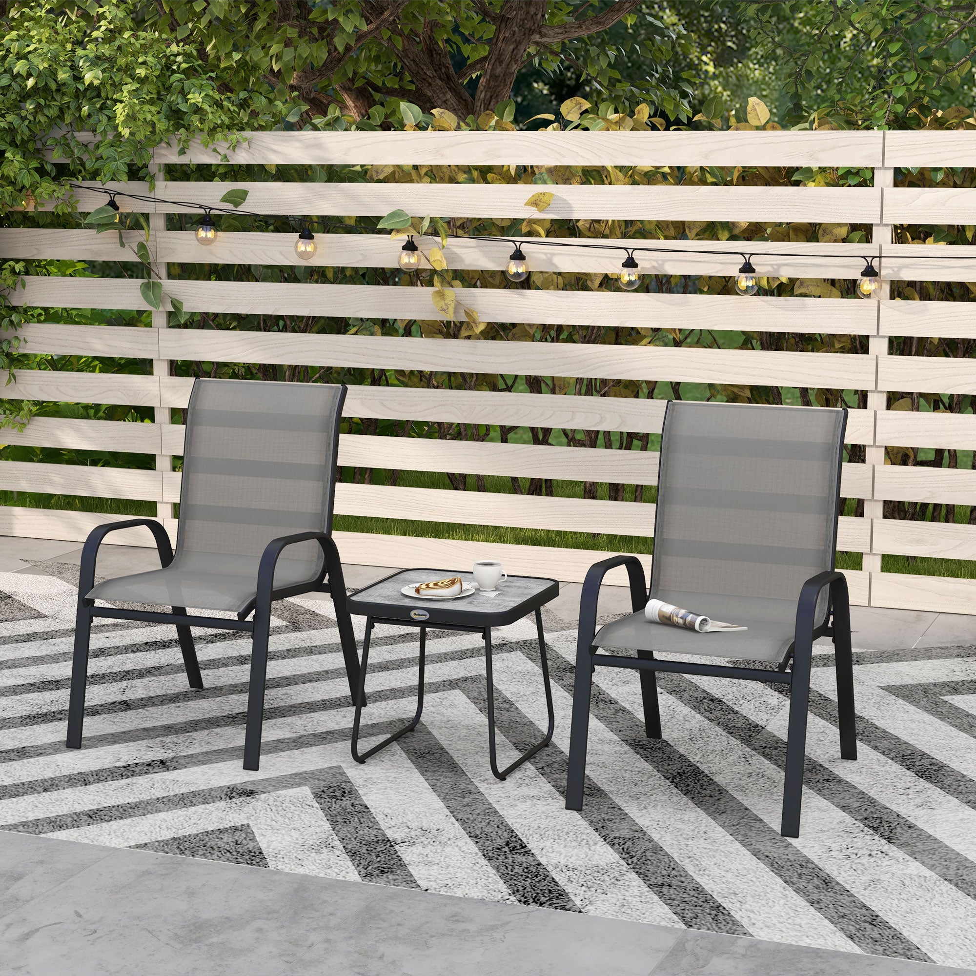 Outdoor Bistro Set of 3, 3-Piece Patio Set with Breathable Mesh Fabric, Stackable Chairs and Square Table, Light Grey Bistro Sets Light Grey at Gallery Canada