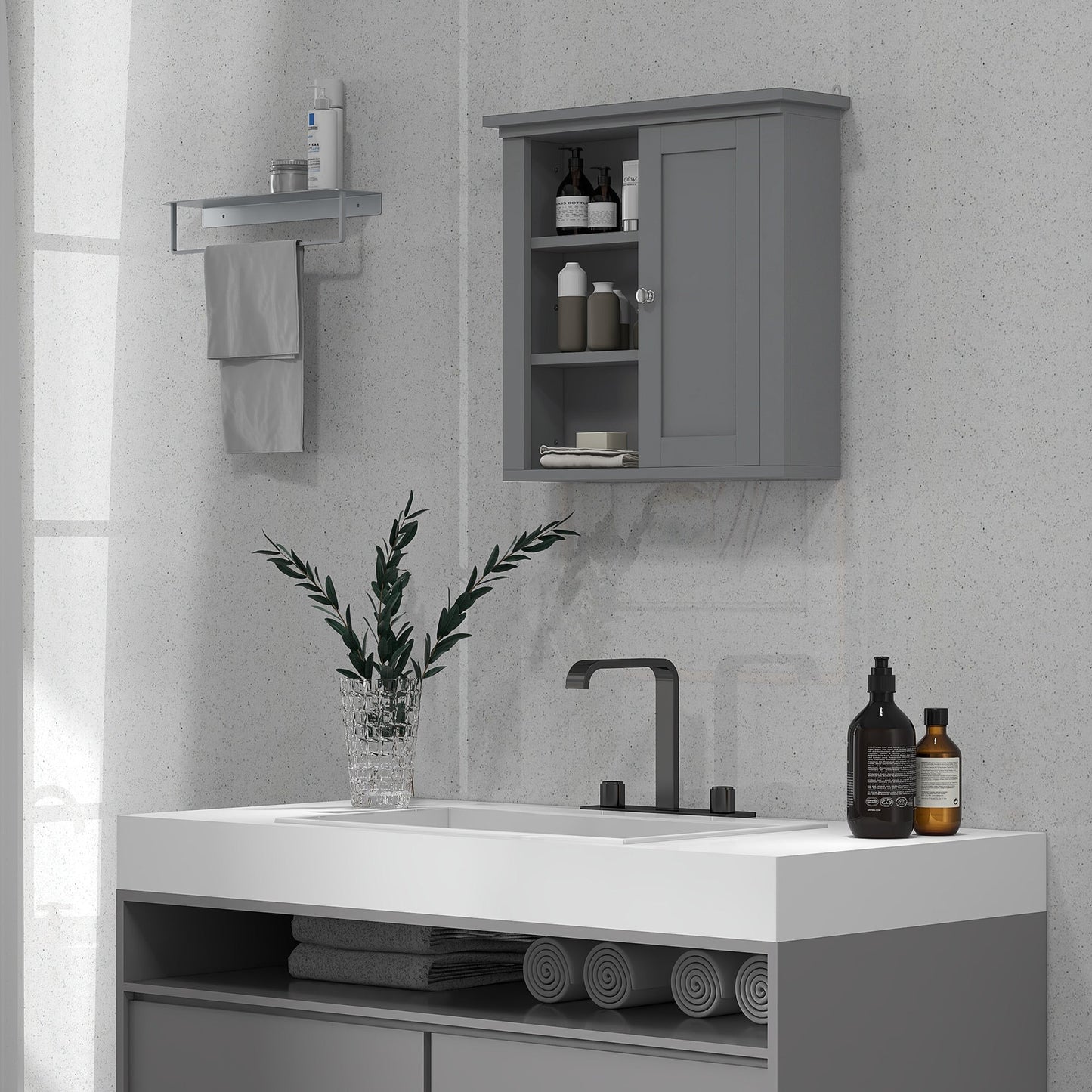 Bathroom Wall Cabinet, Wall Mounted Medicine Cabinet with 3 Open Shelves and Storage Cupboard for Laundry Room, Grey Wall Mounted Cabinets   at Gallery Canada