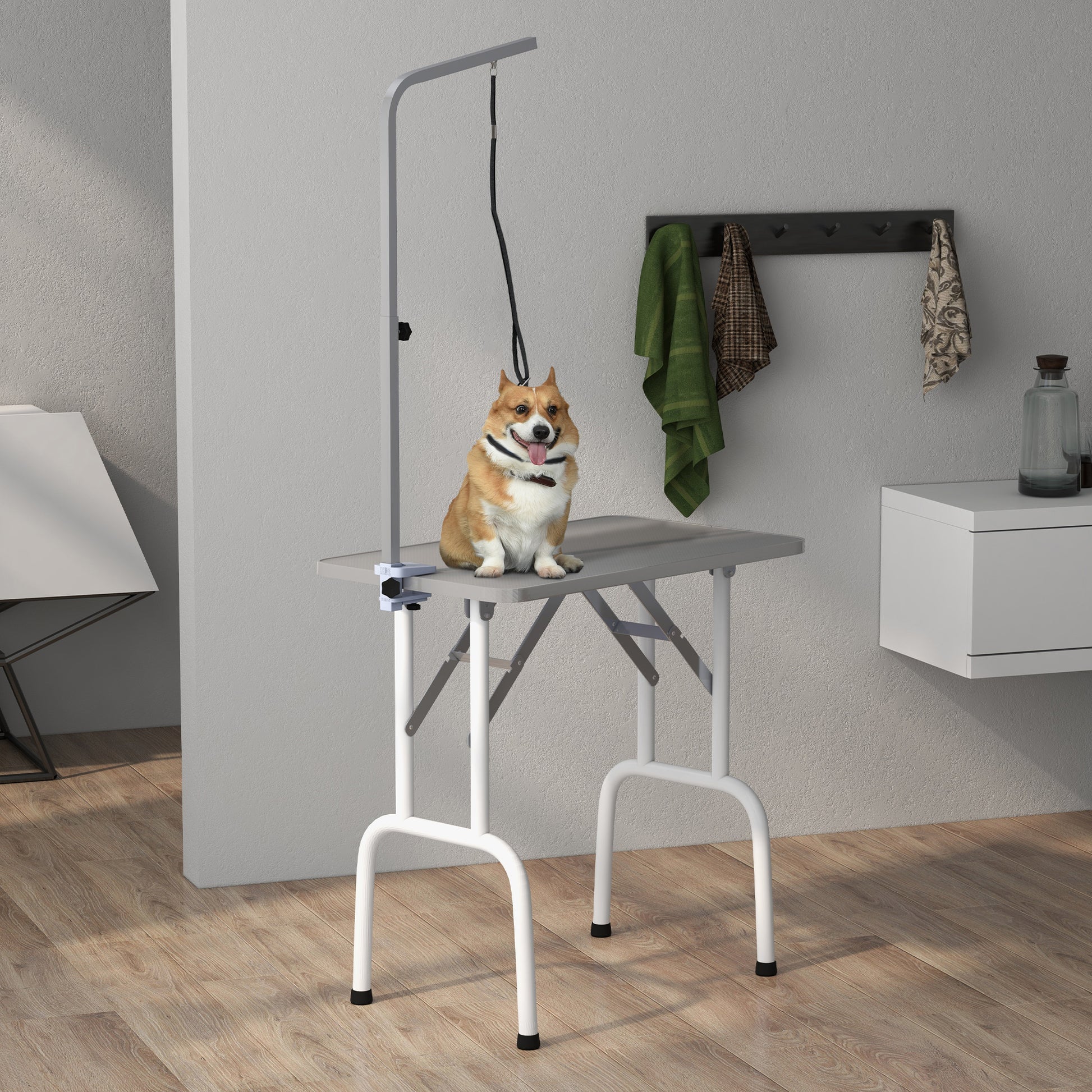 Foldable Pet Grooming Table for Dogs Cats with Adjustable Arm, Non-slip Surface, Grey Dog Grooming Tables   at Gallery Canada