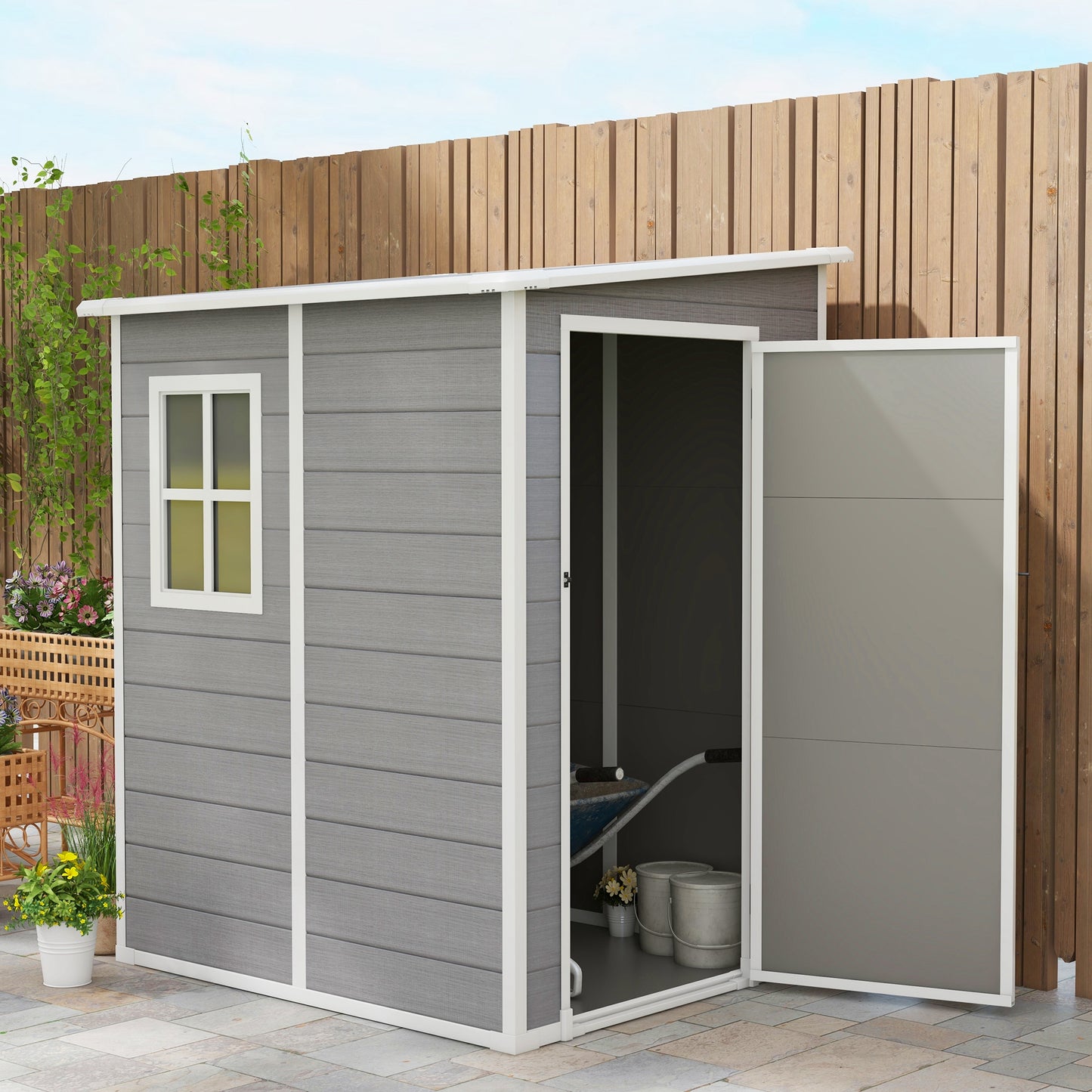 4'x5' Garden Storage Shed, Lean to Shed, Lockable Garden Tool Storage House with Window, Vent and Plastic Roof, Grey Sheds   at Gallery Canada