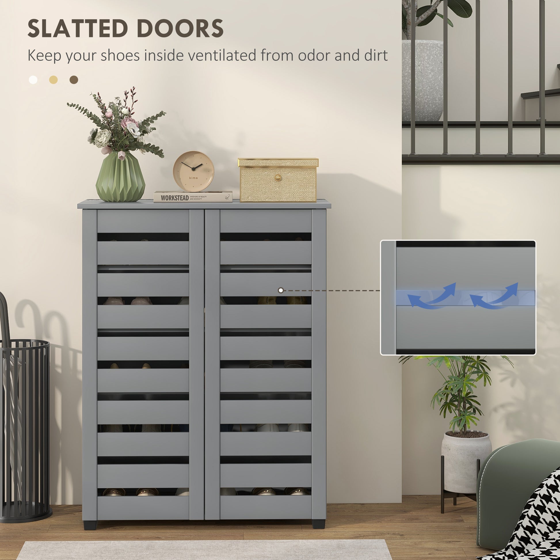 Shoe Storage Cabinet, Shoe Cabinet with 2 Slatted Doors for 15 Pairs of Shoes, Dark Grey Shoe Storage Cabinets & Racks   at Gallery Canada