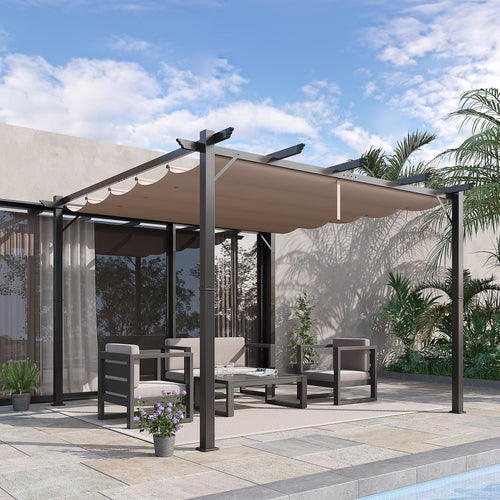 10' x 10' Retractable Roof Pergola, Patio Aluminium Pergola, Grape Trellis Sunshade Shelter, Grey Frame,Coffee Brown