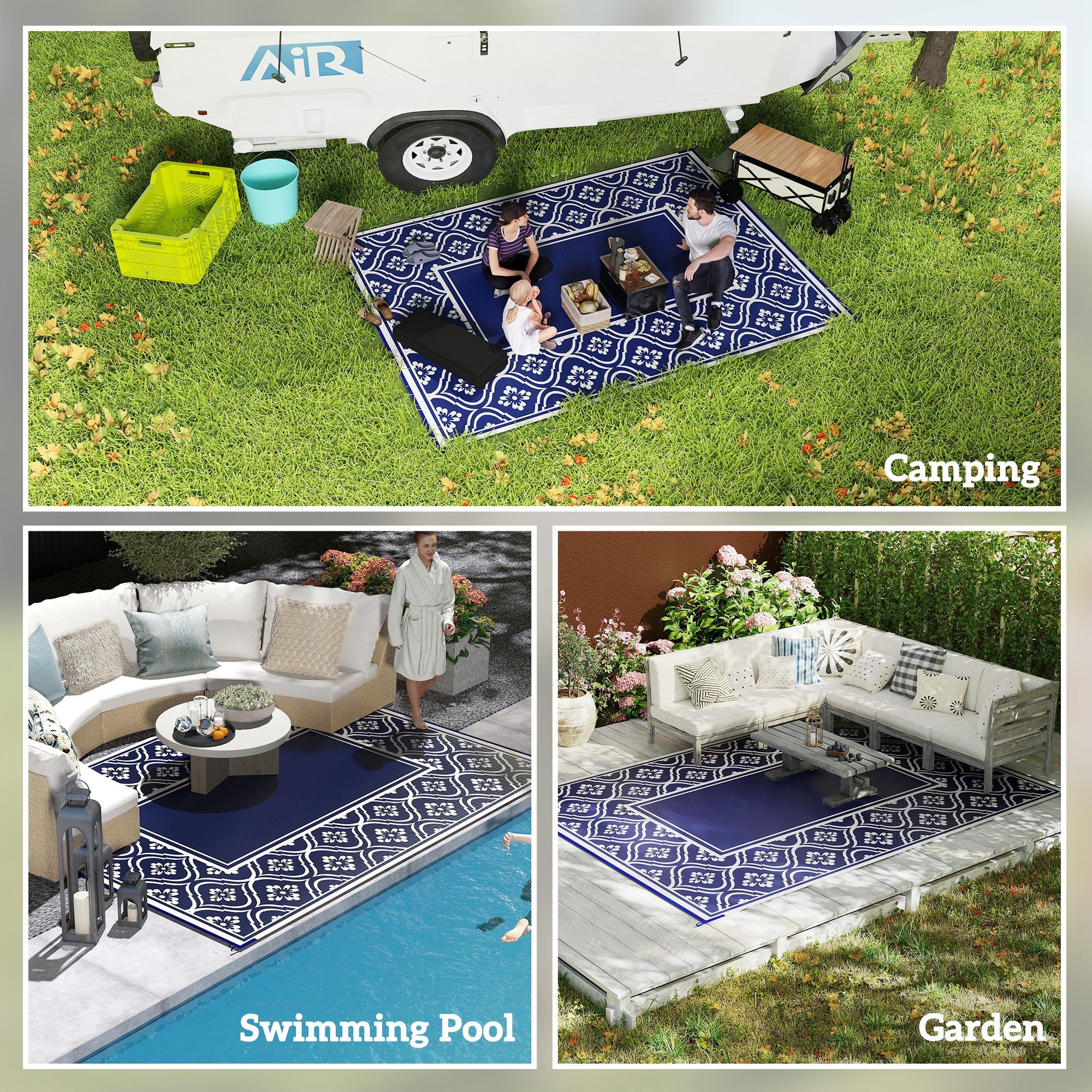 9' x 12' Outdoor RV Rug, Reversible Patio Floor Mat with Carry Bag, Gourd Border, Blue and White Garden Decor at Gallery Canada