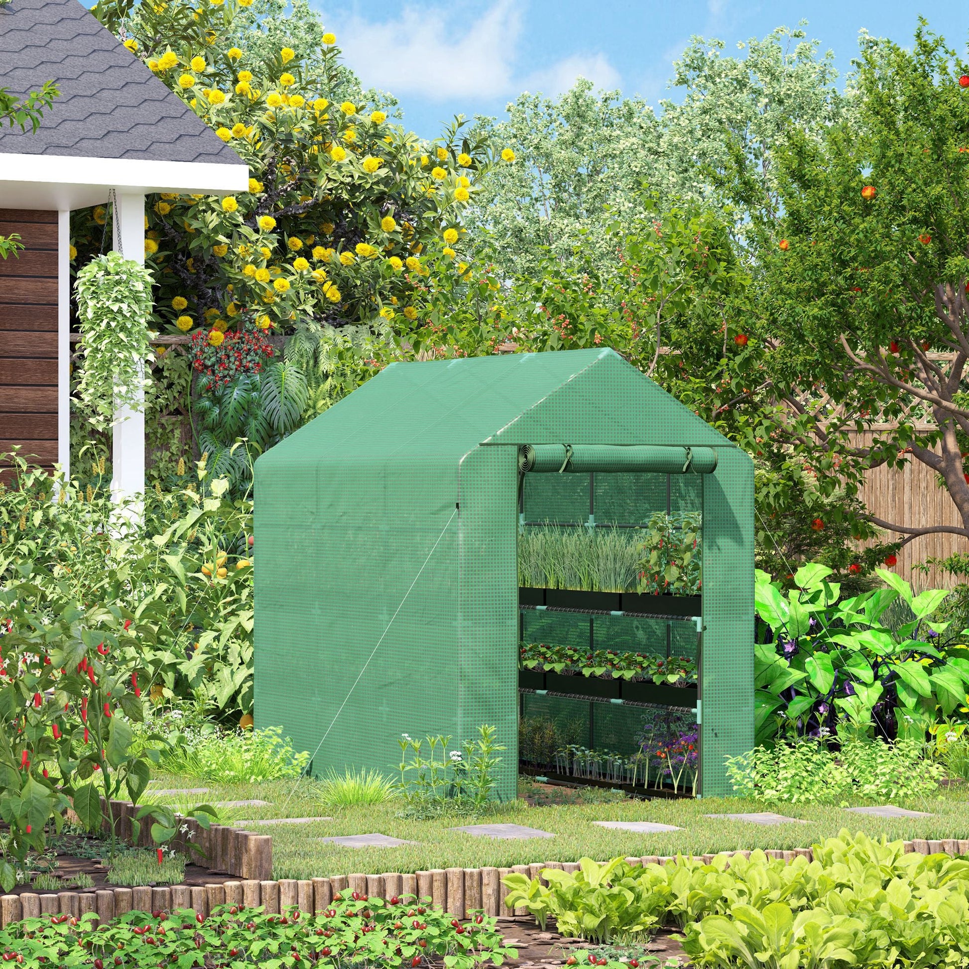 84"x 56" x 77" Walk-in Greenhouse 2-Tier Flower Rack Outdoor Plant Garden PE Cover Steel Frame with Roll up Door, Green Walk In Greenhouses   at Gallery Canada