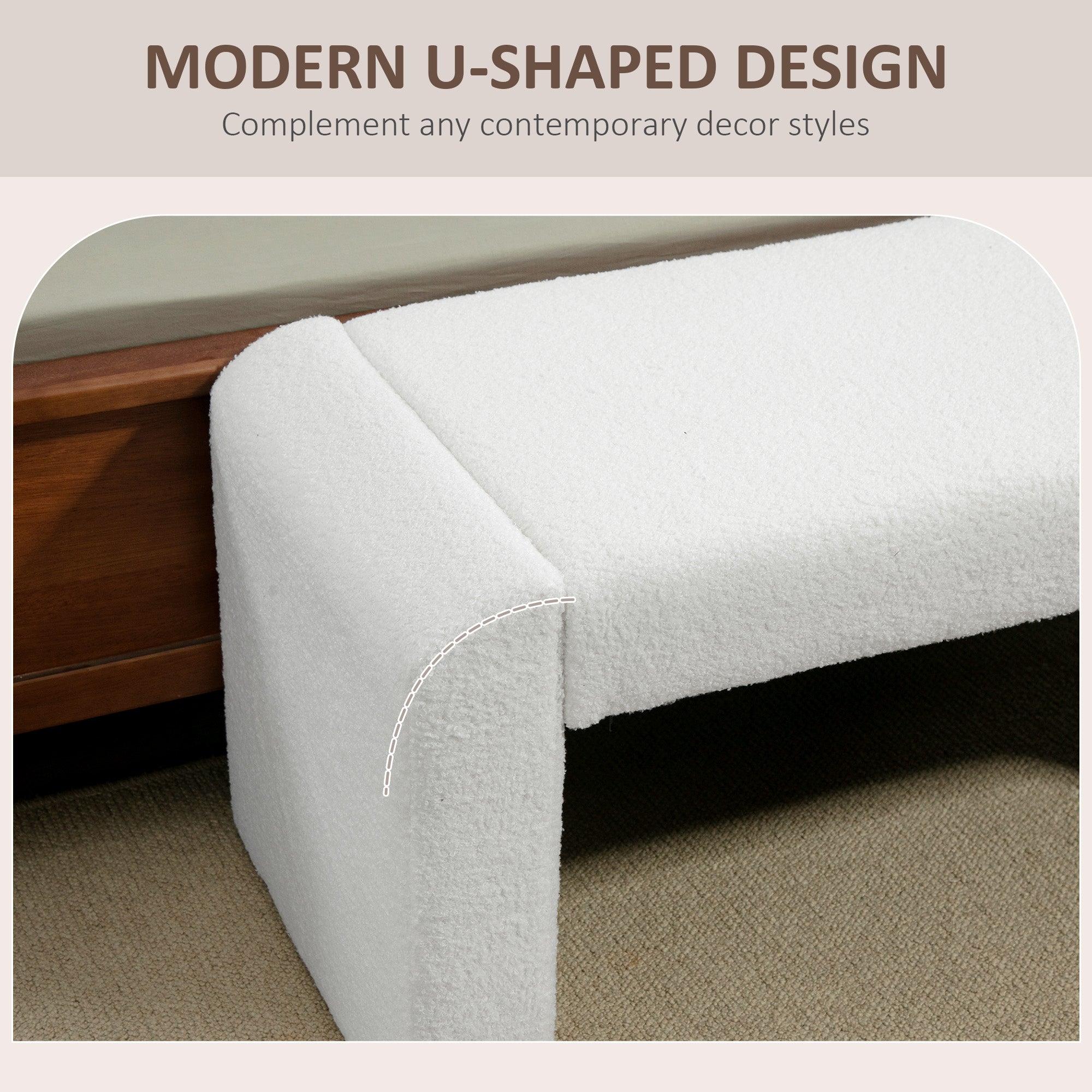 Upholstered Bedroom Bench, Boucle End of Bed Bench, Modern U-Shaped Entryway Bench, 39 x 18 x 18 Inches, White Storage Ottomans & Benches at Gallery Canada