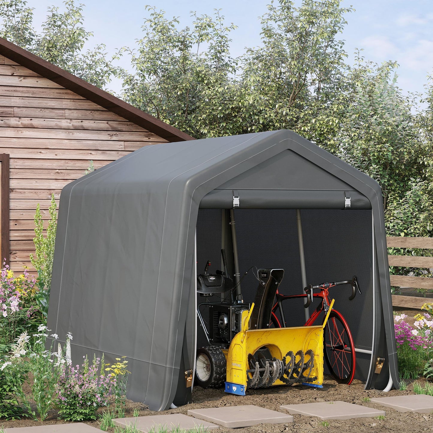 9.2' x 7.9' Garden Storage Tent, Heavy Duty Bike Shed, Patio Storage Shelter w/ Metal Frame and Double Zipper Doors, Dark Grey Car Shelters   at Gallery Canada