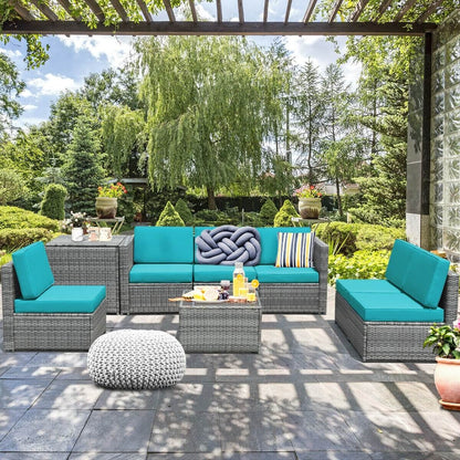 8 Piece Wicker Sofa Rattan Dinning Set Patio Furniture with Storage Table, Turquoise Outdoor Sectionals   at Gallery Canada