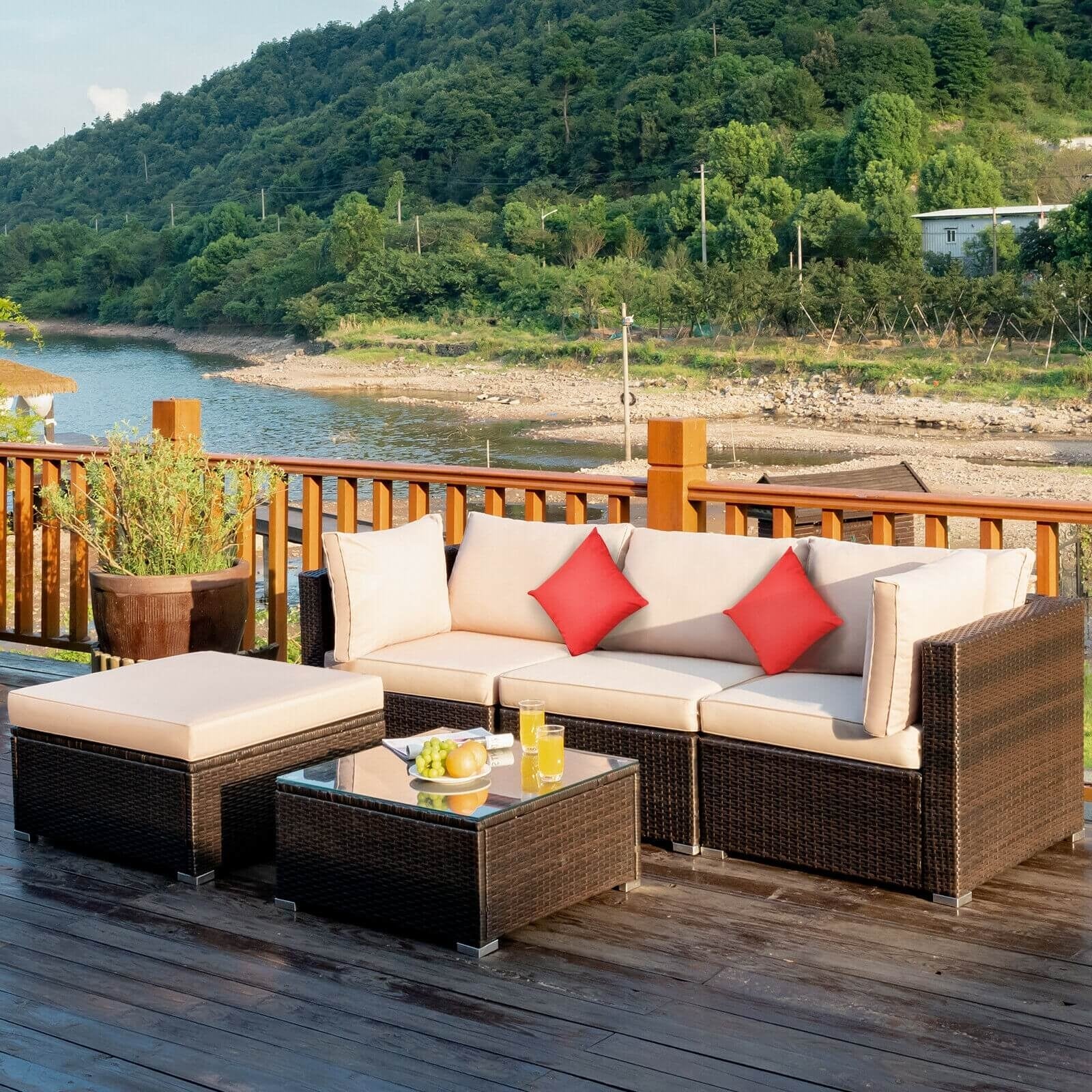 5 Pieces Outdoor Patio Rattan Furniture Set Sectional Conversation with Cushions, Beige Outdoor Sectionals   at Gallery Canada