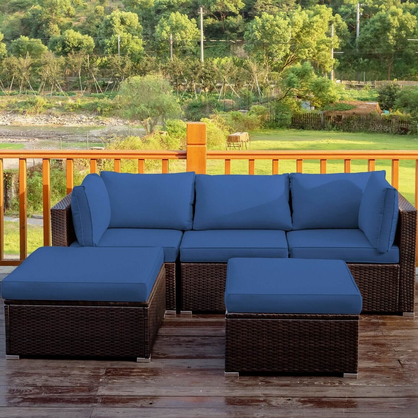 5 Pieces Patio Rattan Sofa Set with Cushion and Ottoman, Navy Outdoor Sectionals   at Gallery Canada