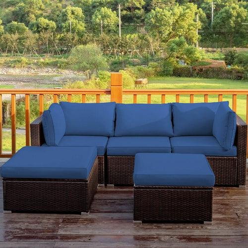 5 Pieces Patio Rattan Sofa Set with Cushion and Ottoman, Navy