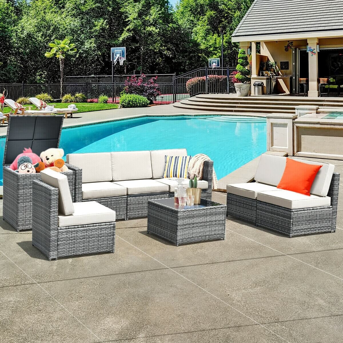 8 Piece Wicker Sofa Rattan Dinning Set Patio Furniture with Storage Table, White Outdoor Sectionals   at Gallery Canada