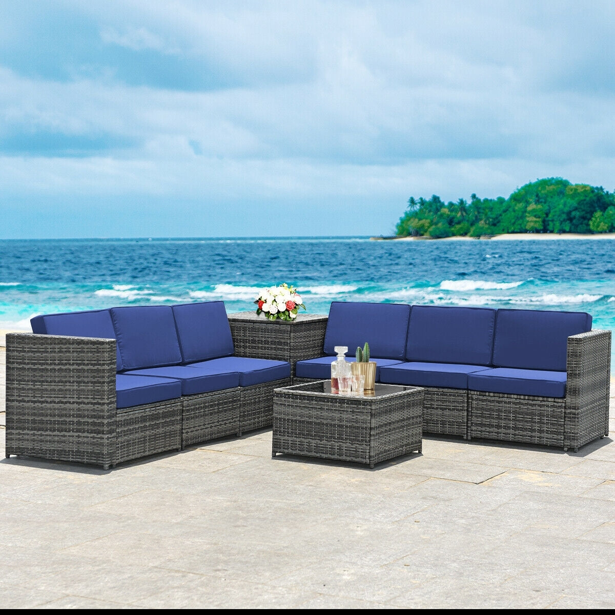 8 Piece Wicker Sofa Rattan Dinning Set Patio Furniture with Storage Table, Navy Outdoor Sectionals   at Gallery Canada