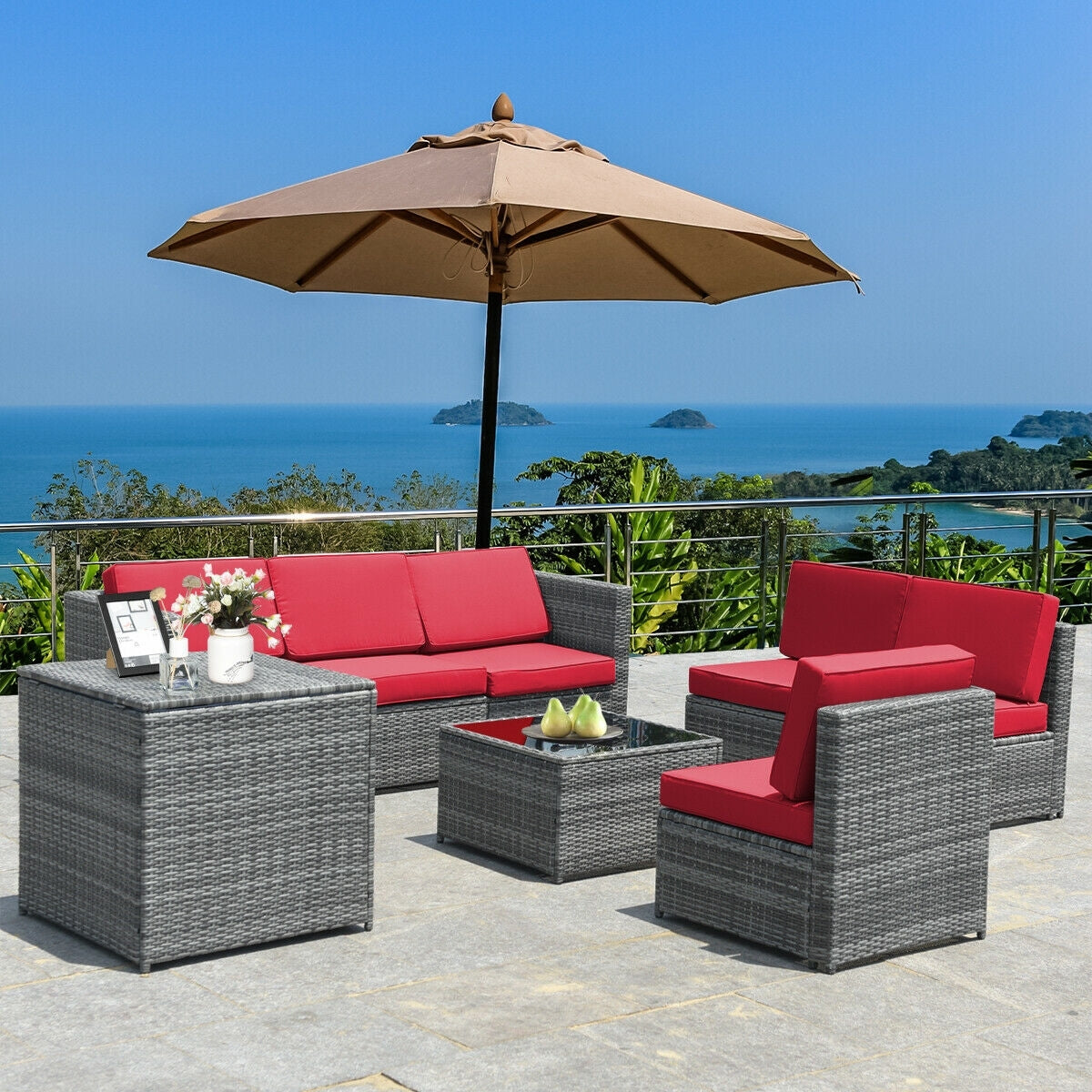 8 Piece Wicker Sofa Rattan Dinning Set Patio Furniture with Storage Table, Red Outdoor Sectionals   at Gallery Canada