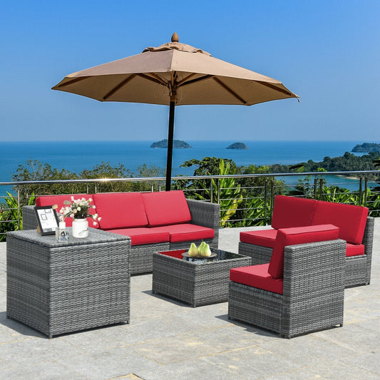 8 Piece Wicker Sofa Rattan Dinning Set Patio Furniture with Storage Table, Red Outdoor Sectionals Red  at Gallery Canada