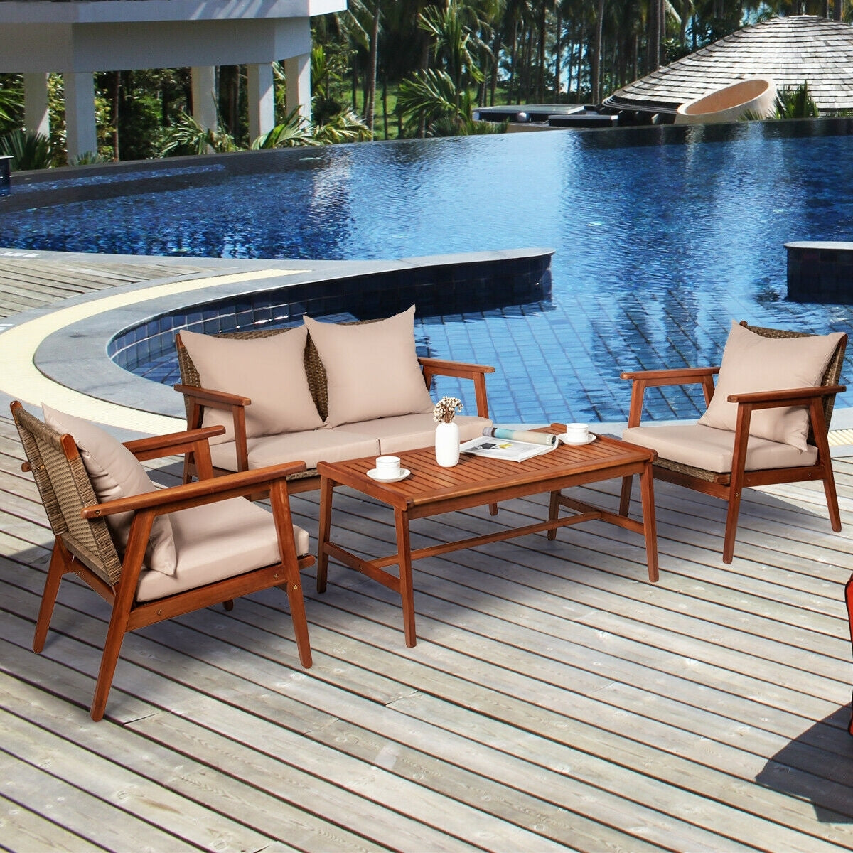 4 Pieces Acacia Wood Patio Rattan Furniture Set, Brown Patio Conversation Sets   at Gallery Canada