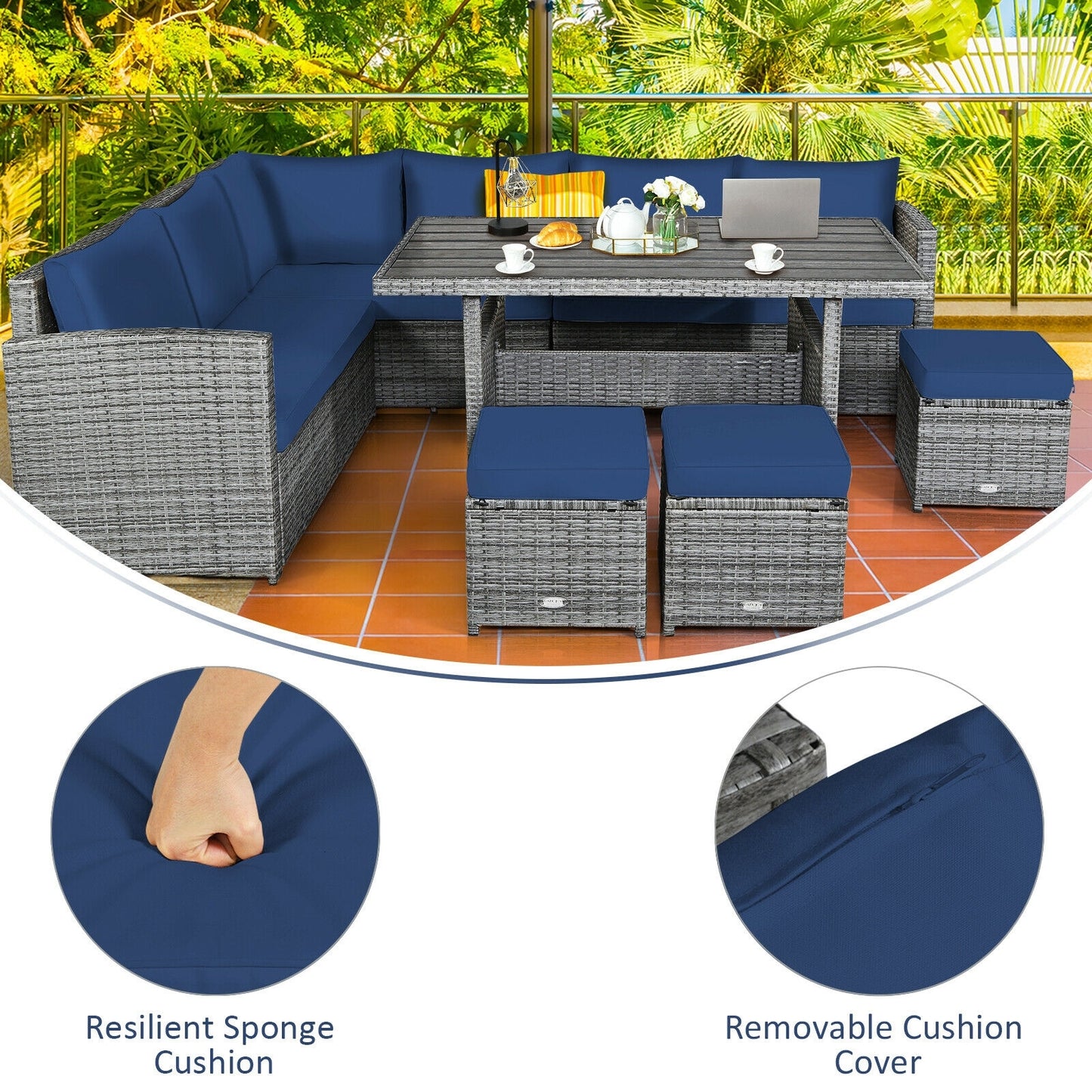 7 Pieces Patio Rattan Dining Furniture Sectional Sofa Set with Wicker Ottoman, Navy Outdoor Sectionals   at Gallery Canada