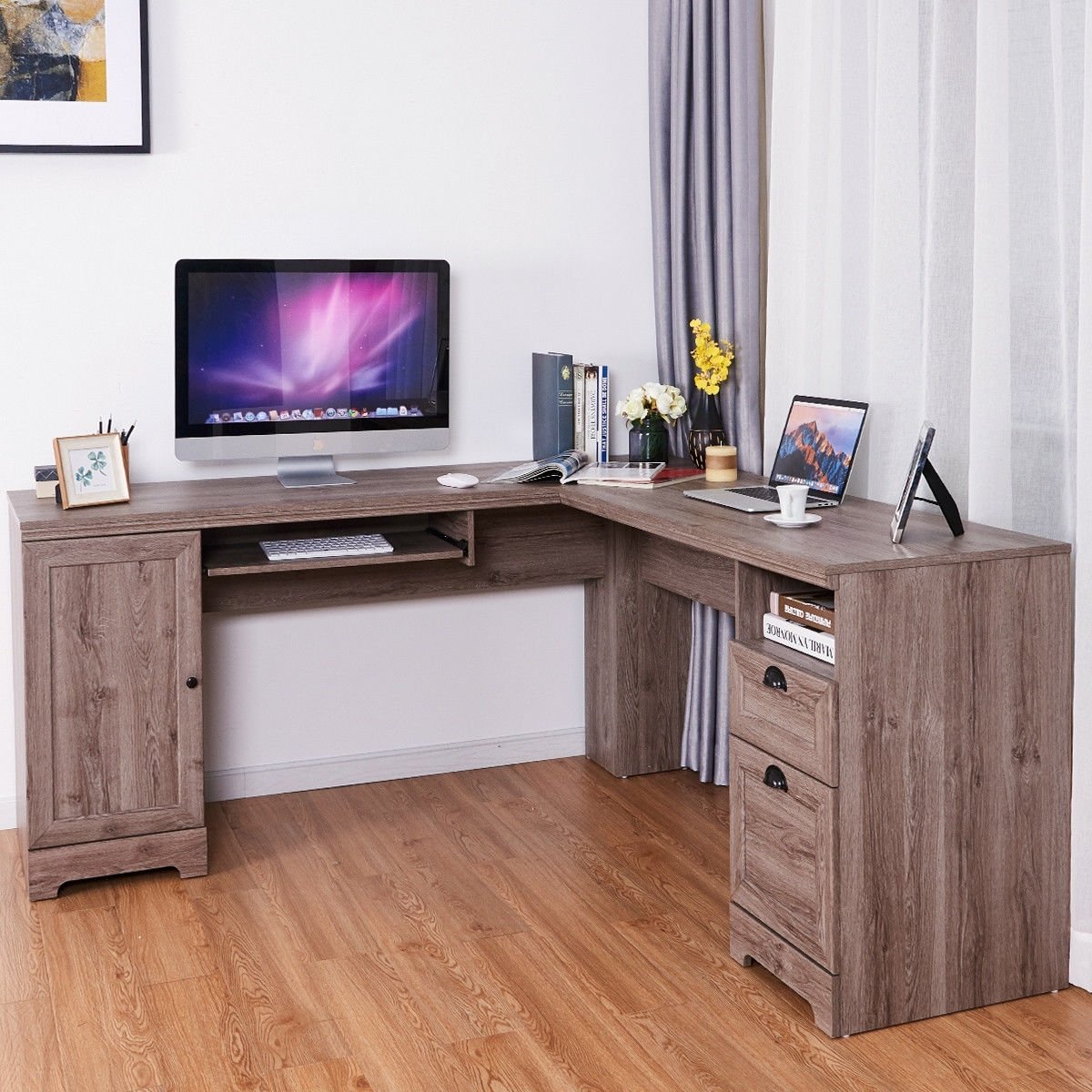 66 Inch L-Shaped Writing Study Workstation Computer Desk with Drawers, Brown L-Shaped Desks   at Gallery Canada