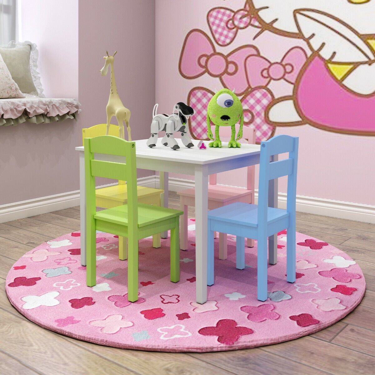 5 Pieces Kids Pine Wood Table Chair Set, Clear Kids Table & Chair Sets   at Gallery Canada