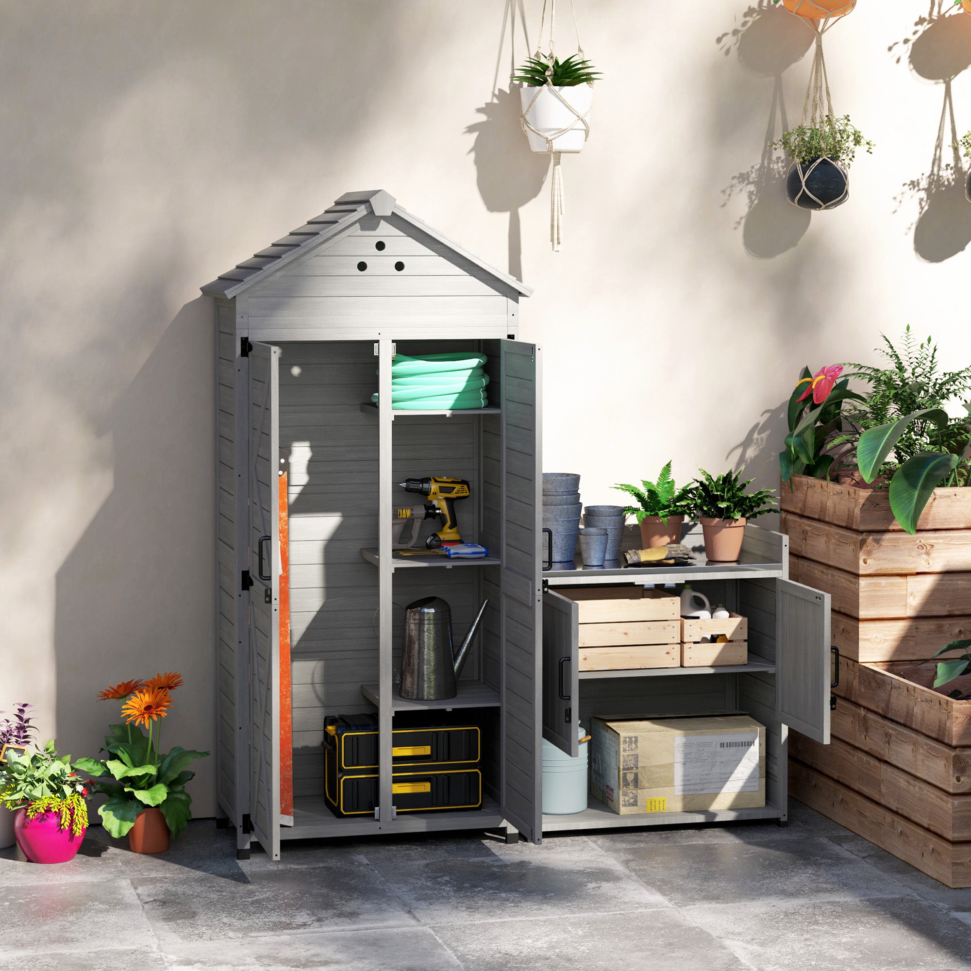 2-in-1 Outdoor Storage Cabinet, Wood Garden Shed with Shelves, Vent Holes, Foot Caps for Backyard, Patio, Lawn Sheds at Gallery Canada