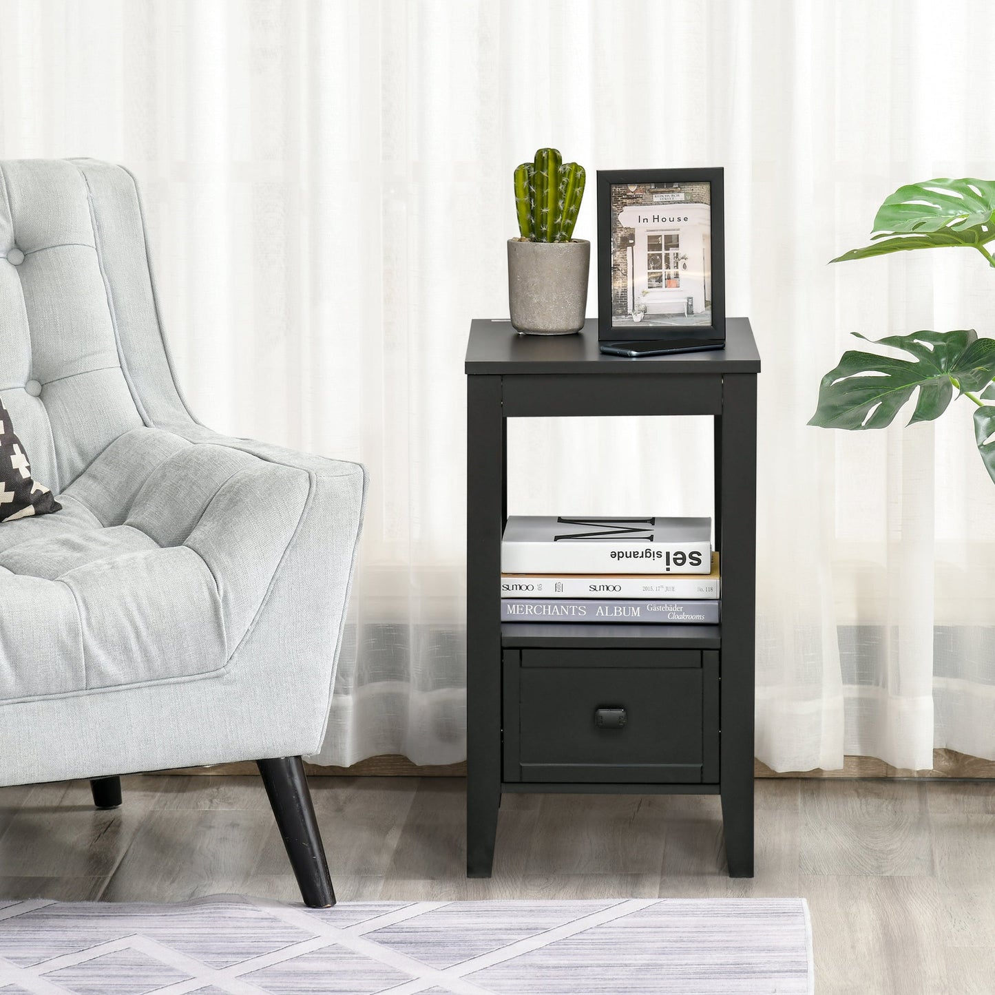 Side Table, Modern Coffee End Table with Drawer and Shelf, Nightstand for Bedroom, Living Room, Black Side Tables   at Gallery Canada