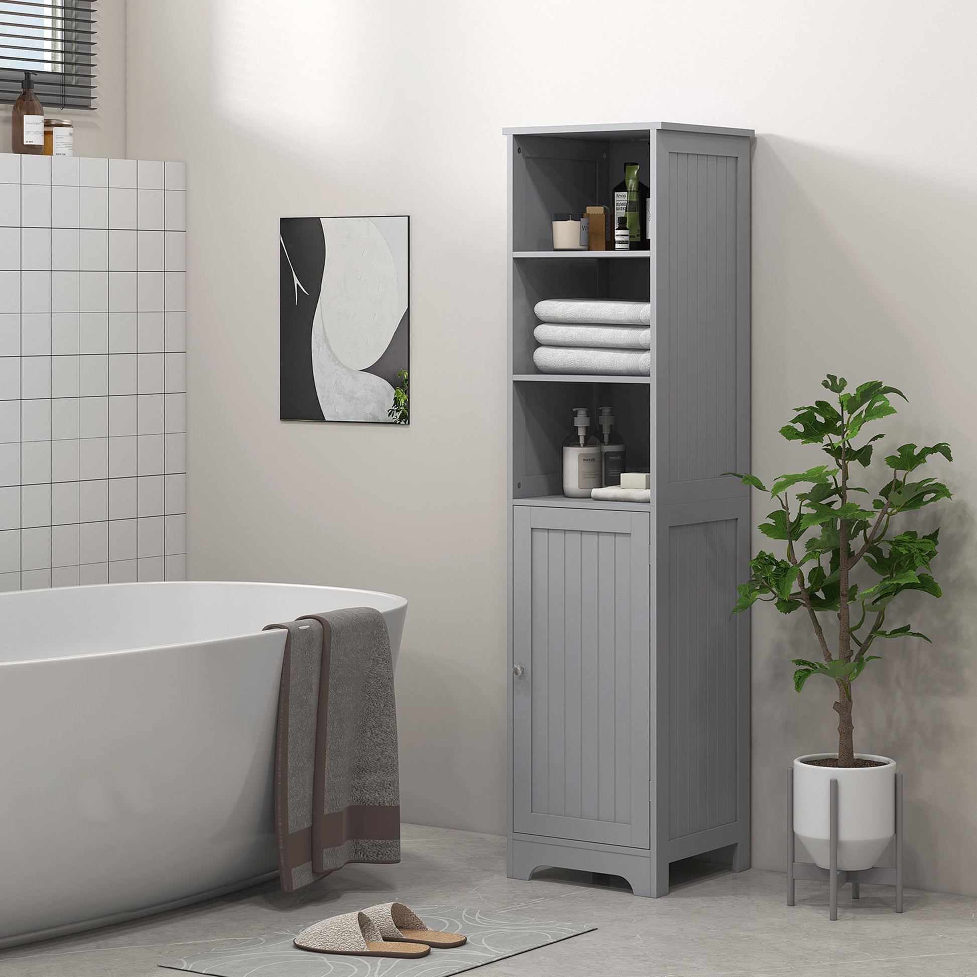 Tall Bathroom Storage Cabinet, Freestanding Tower Cabinet with Adjustable Shelf, 3 Open Shelves, Grey Bathroom Cabinets   at Gallery Canada