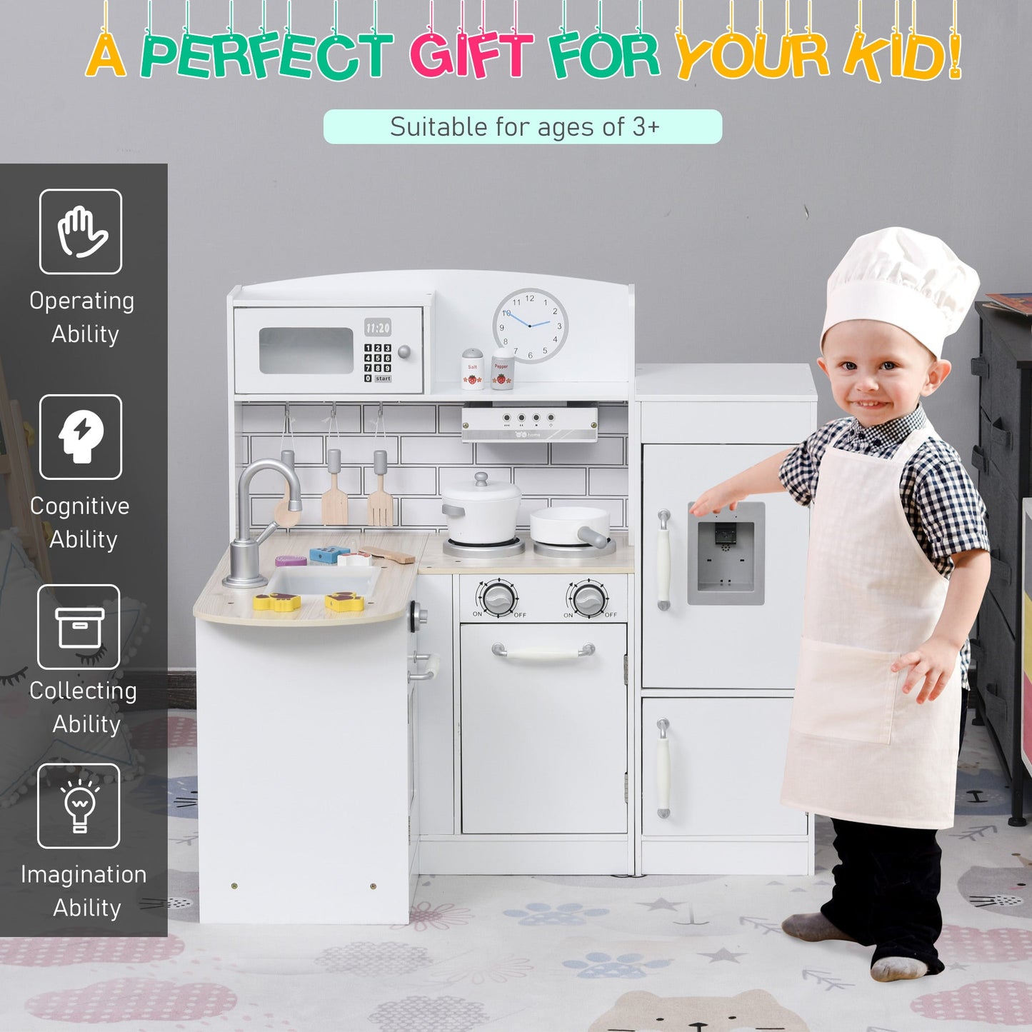 Toy Cooking Set White Kids Kitchen Play Set with Drinking Fountain, Microwave, and Fridge with Accessories White Play Kitchen   at Gallery Canada