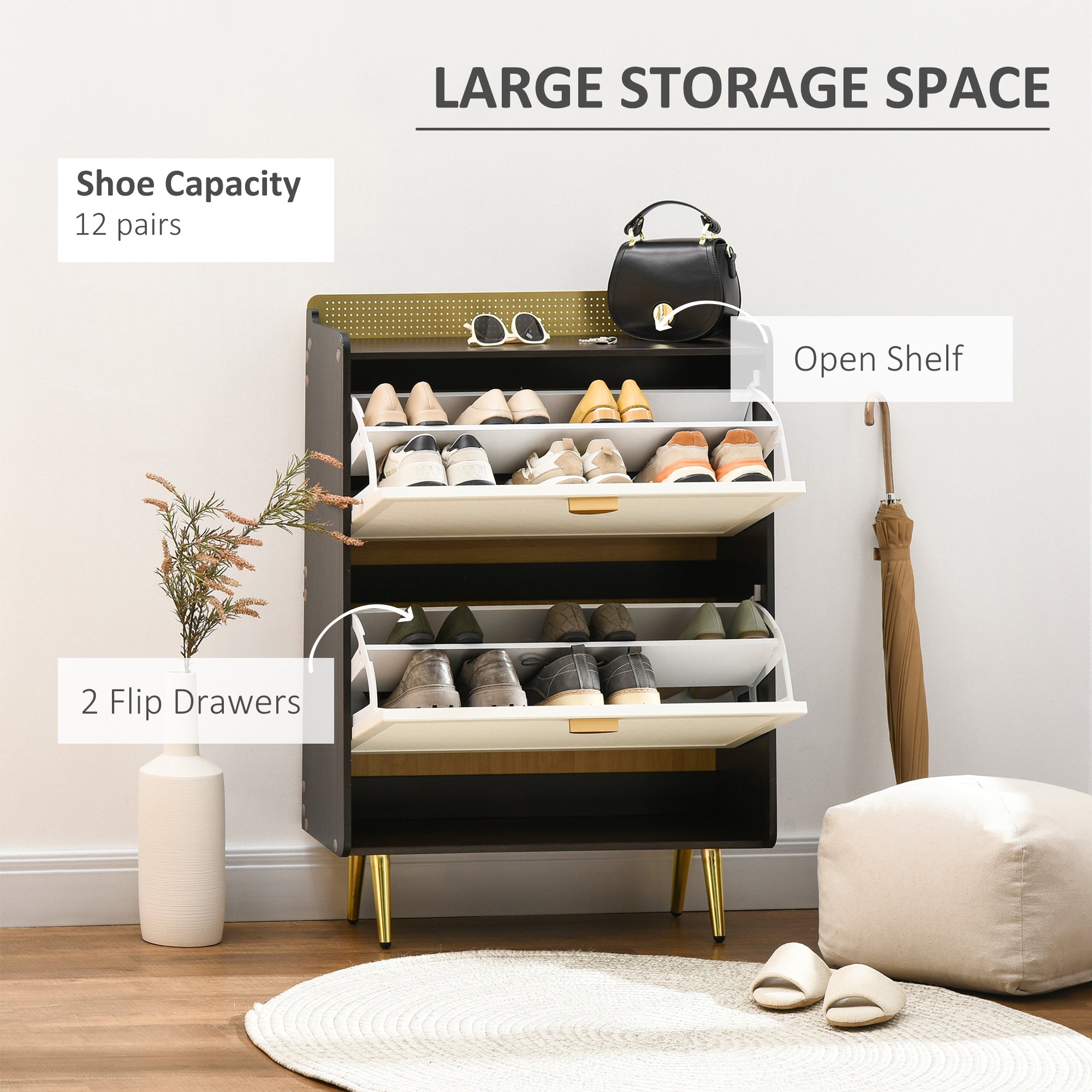 Shoe Storage Cabinet, Modern Shoe Cabinet with 2 Flip Drawers, Open Shelf, Bamboo Frame, 12 Pair Shoe Organizer for Entryway, Hallway, White Shoe Storage Cabinets & Racks   at Gallery Canada