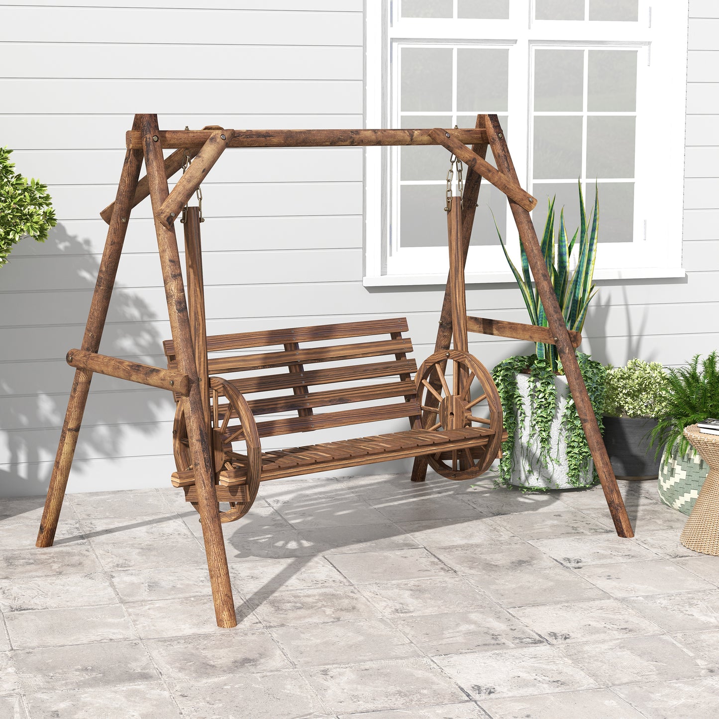 Patio Swing Chair with A-Frame Stand, 2 Seat Wooden Porch Swing for Garden, Poolside, Backyard, Carbonized Brown Patio Swings with Stand   at Gallery Canada