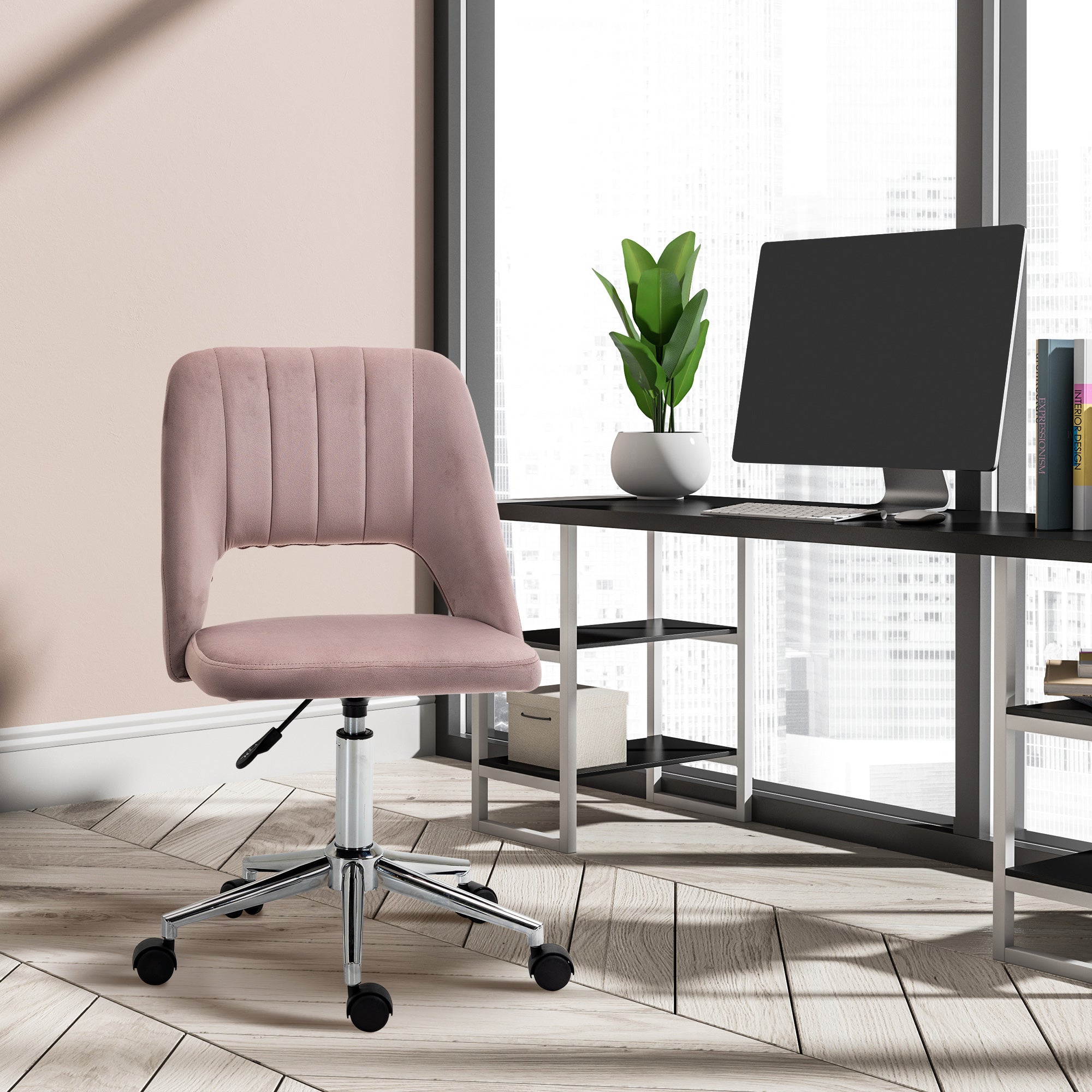 Mid Back Office Chair Velvet Fabric Swivel Scallop Shape Computer Desk Chair, Pink Office Chairs   at Gallery Canada