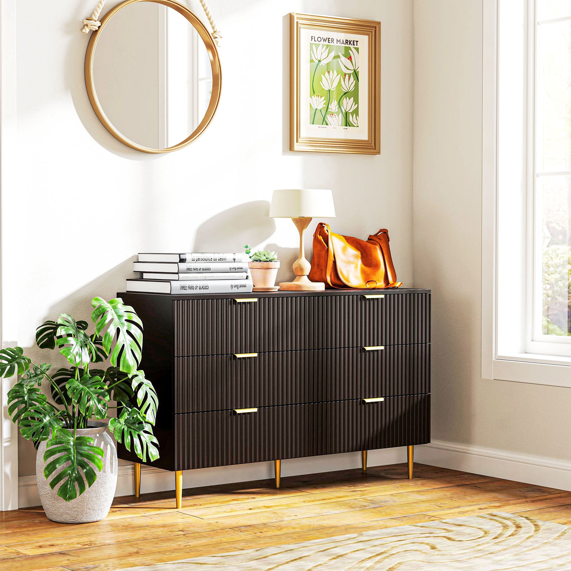 Modern Chest of Drawers 6 Drawer Dresser for Bedroom with Gold Legs and Handles, Black Storage Cabinets at Gallery Canada