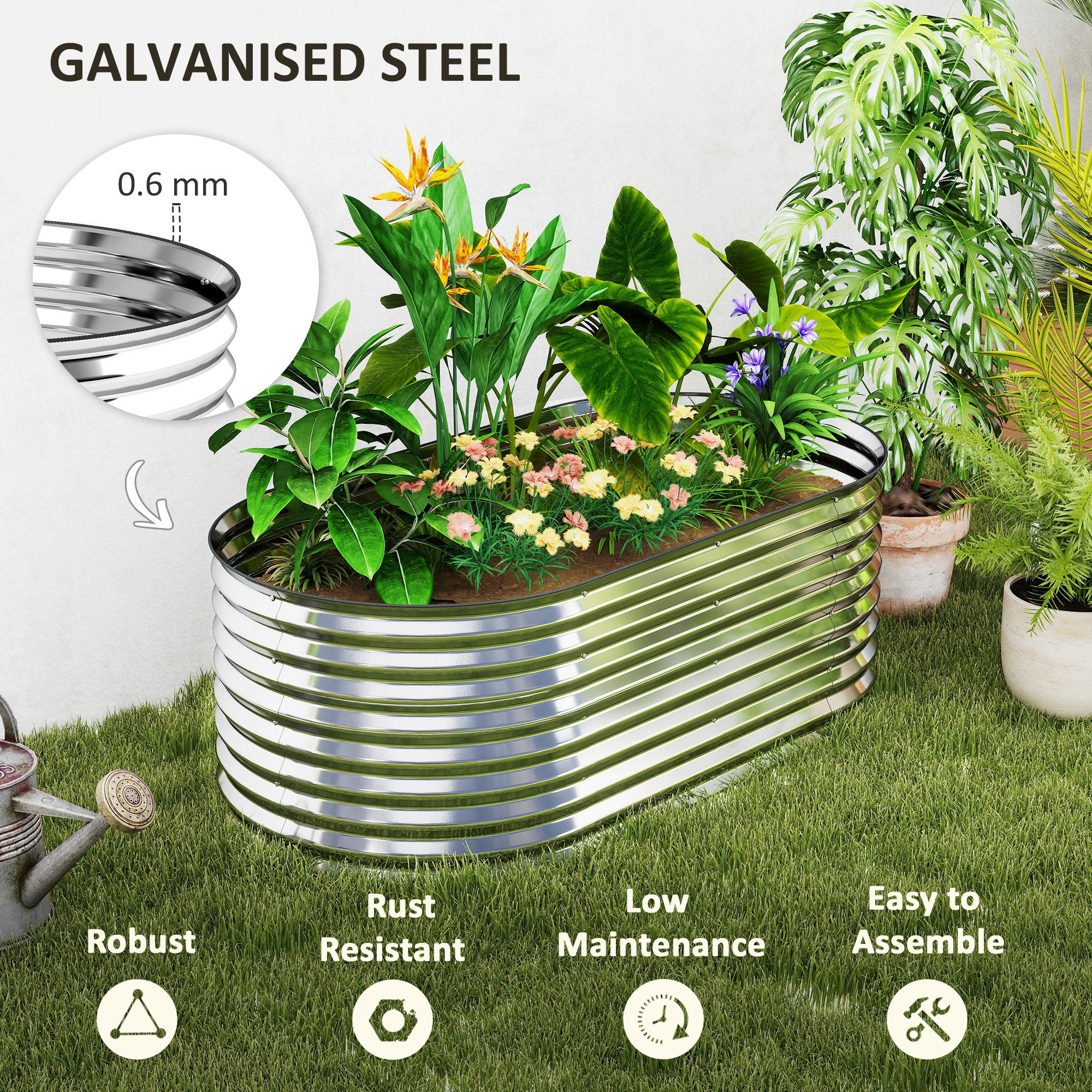 5 x 2.5 x 2ft Galvanized Raised Garden Bed, Easy DIY Oval Planter Box with Safety Edging and Gloves, Silver Raised Garden Beds at Gallery Canada