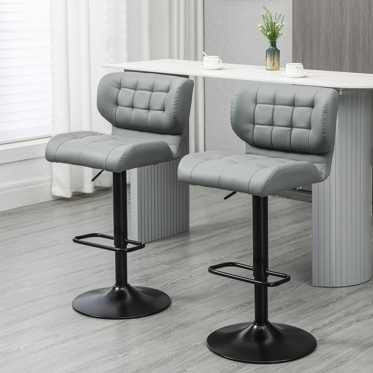 Adjustable Bar Stools Set of 2, Swivel Tufted PU Leather Barstools with Footrest and Back, for Kitchen Counter and Dining Room, Grey Bar Stools   at Gallery Canada