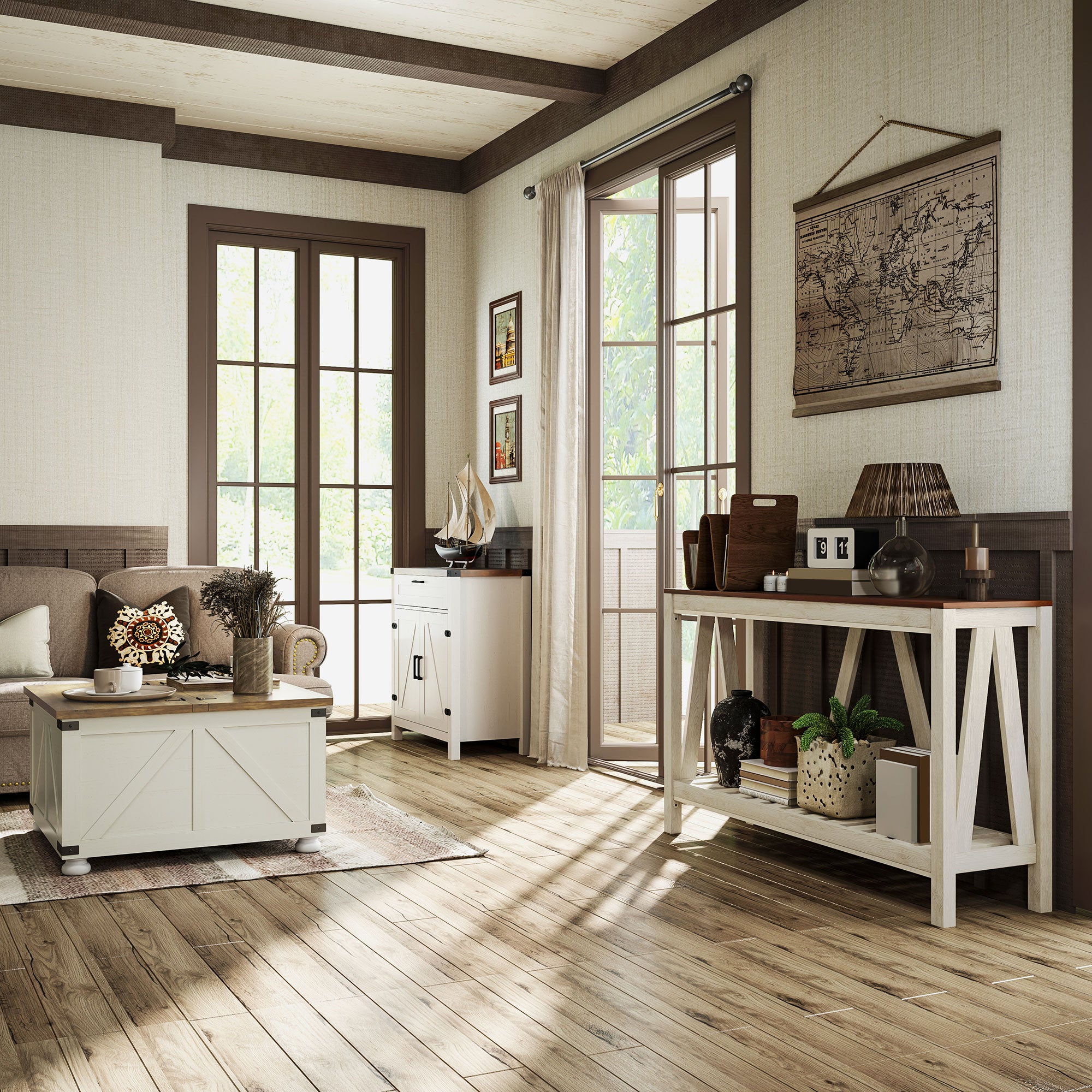 Farmhouse Coffee Table, Square Center Table with Flip-top Lids, Hidden Storage Compartment and Wooden Legs, Antique White Coffee Tables at Gallery Canada
