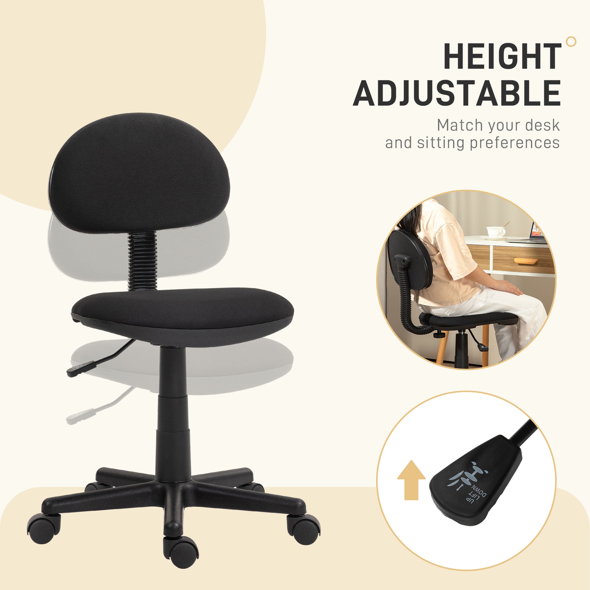 Small Desk Chair, Armless Office Chair with Adjustable Height, 360° Swivel Wheels, Low Back for Small Spaces, Black Task Chairs at Gallery Canada
