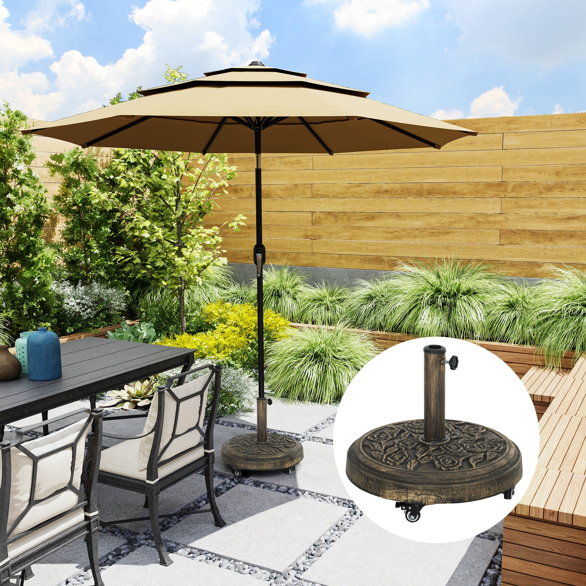 Round Patio Umbrella Base, 46 lbs Resin Umbrella Stand with Wheels, Outdoor Umbrella Stand for 1.3