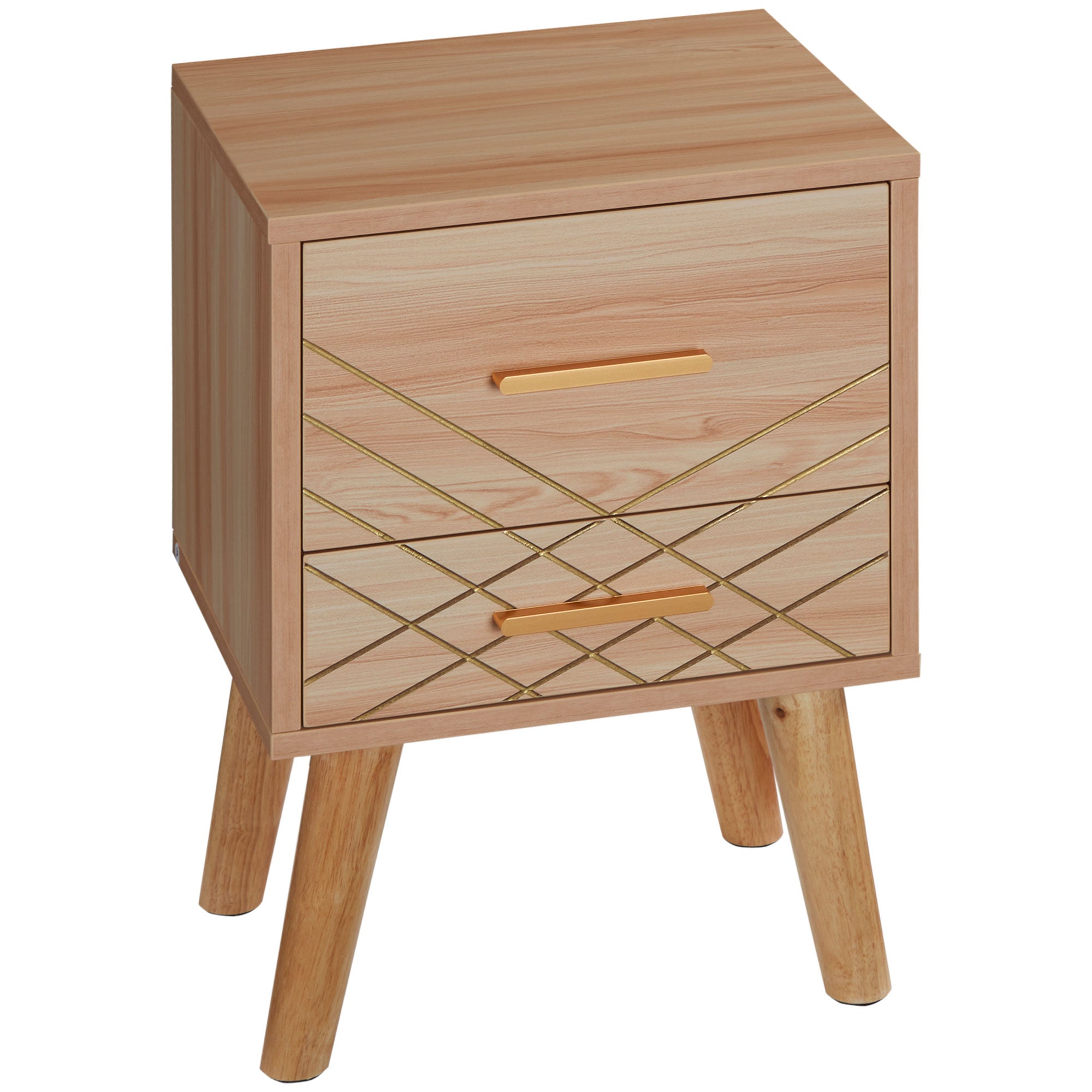 Scandinavian Bedside Table, Side End Table with 2 Drawers and Wood Legs, 13.8