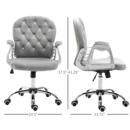 Velvet Vanity Office Chair, Button Tufted Swivel Chair with Adjustable Height, Padded Armrests and Tilt Function, Grey Task Chairs   at Gallery Canada