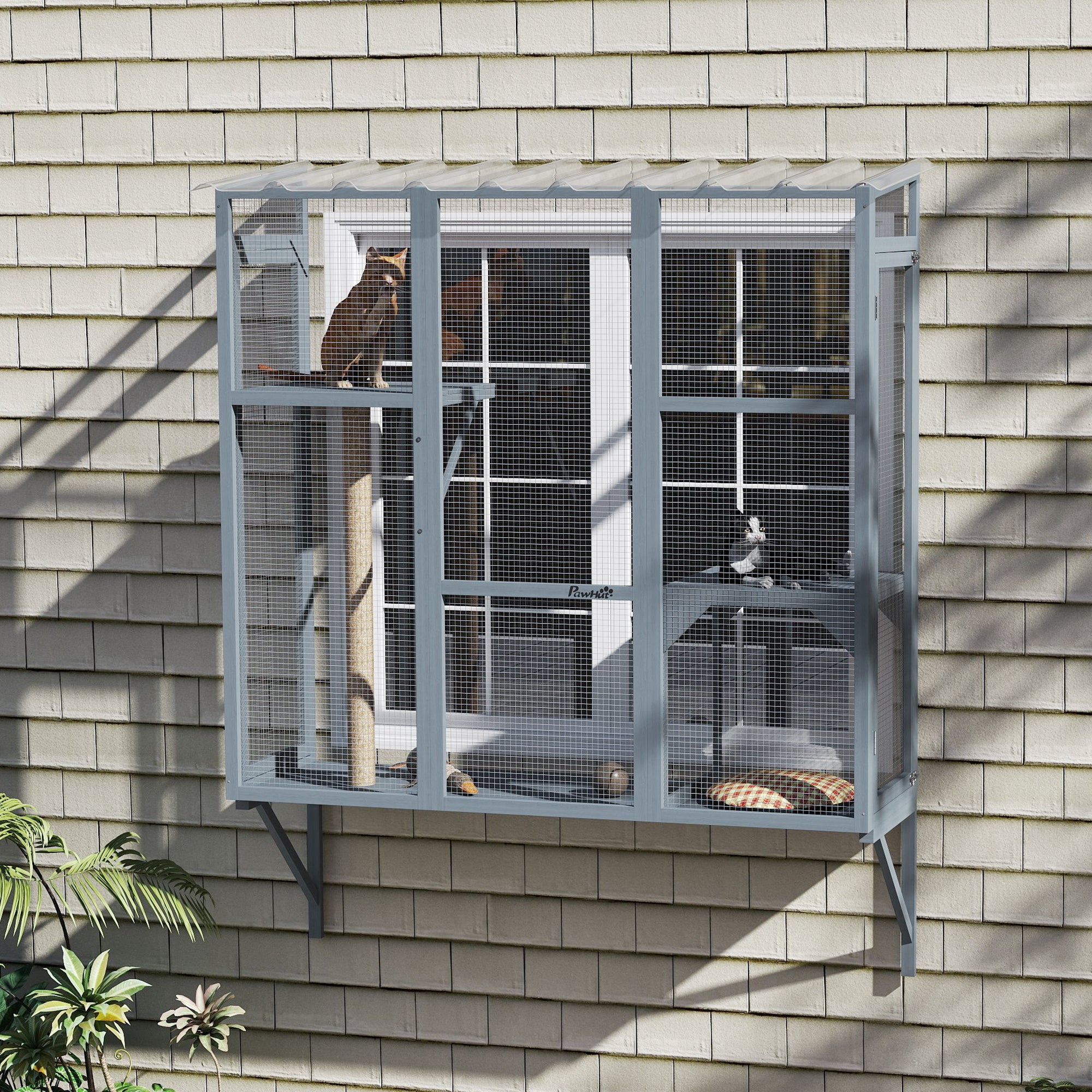 Wooden Catio Outdoor, Cat Window Box Enclosure for 2-3 Large Cats with 2 Jumping Platforms &; Scratching Post, Grey Outdoor Cat Enclosures at Gallery Canada