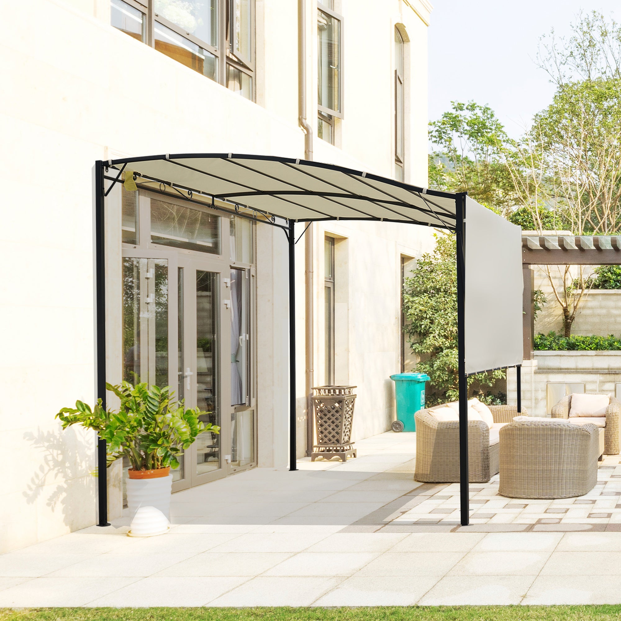 10x8ft Patio Metal Gazebo with Extendable Side Awning Outdoor Shelter Garden Sun Shade Canopy Deck Door Window Awning Cream White Pergolas at Gallery Canada
