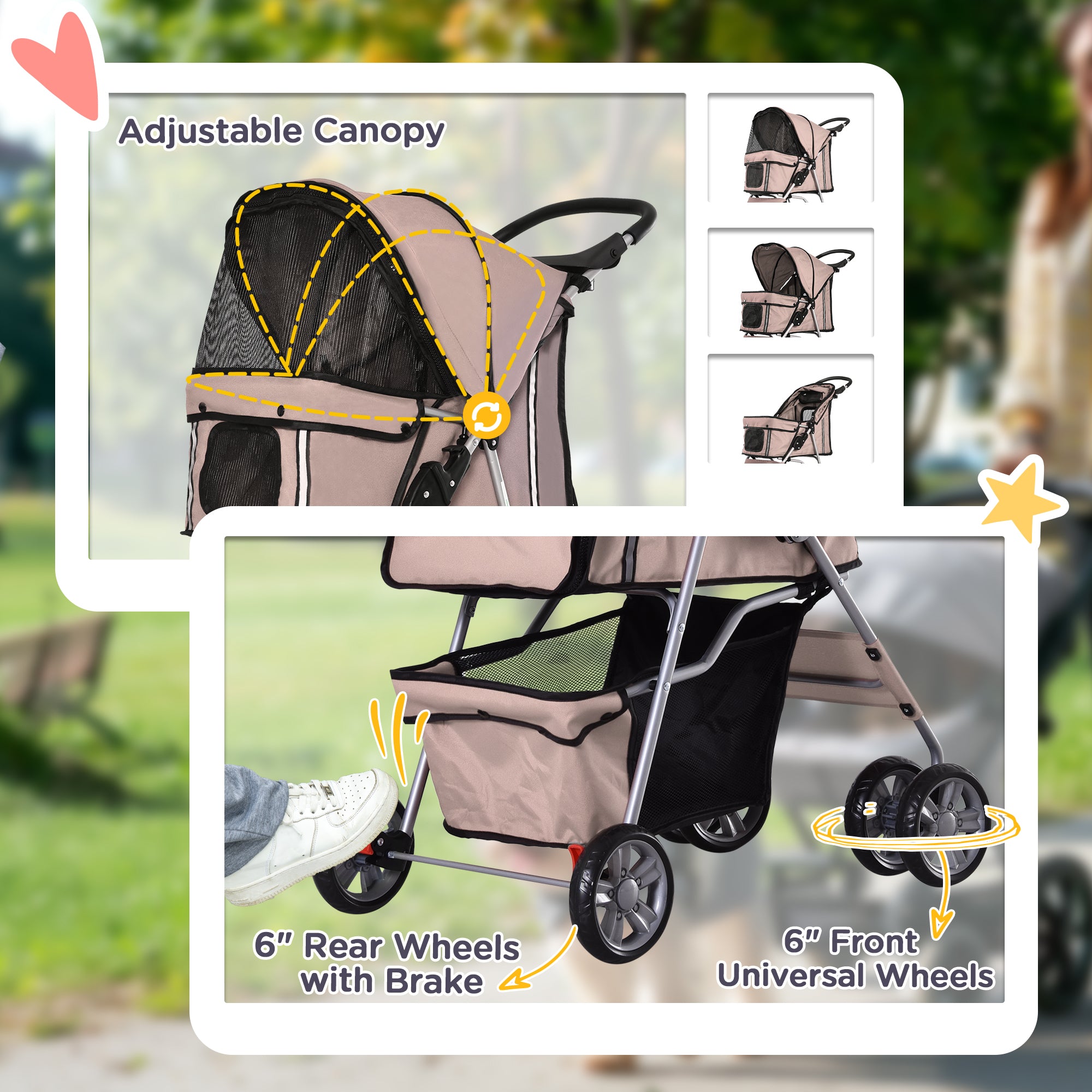 4 Wheel Dog Pet Stroller Dog Cat Carrier Folding Sunshade Canopy with Brake, Brown Dog Bike Trailers & Strollers at Gallery Canada