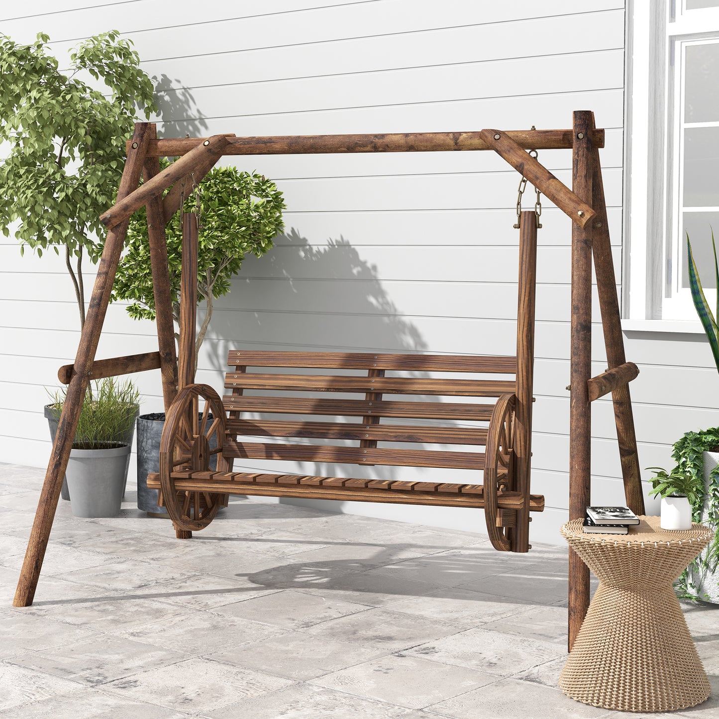 Patio Swing Chair with A-Frame Stand, 2 Seat Wooden Porch Swing for Garden, Poolside, Backyard, Carbonized Brown Patio Swings with Stand   at Gallery Canada