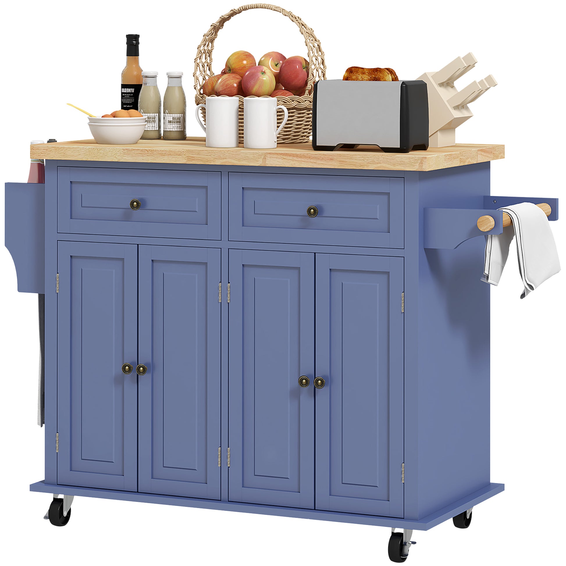 Kitchen Island with Storage, Rolling Trolley Cart with Rubber Wood Top, Spice Rack, Towel Rack, Navy Blue Kitchen Islands & Kitchen Carts   at Gallery Canada