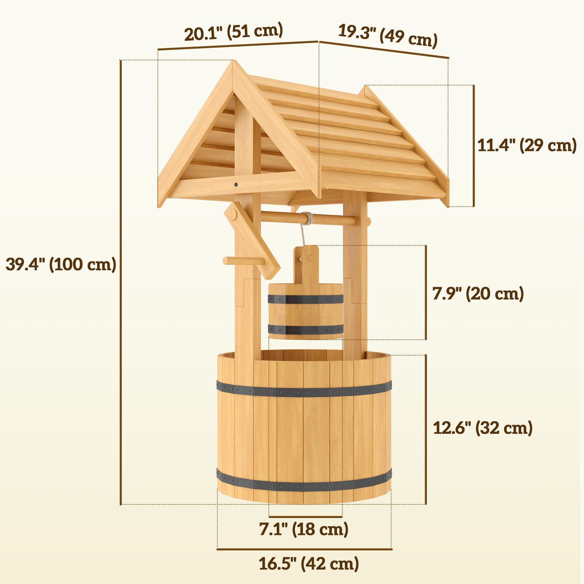 Wood Wishing Well Outdoor Wooden Planter with Hanging Bucket and Drainage Hole for Garden, Patio, Backyard, Orange Garden Decor at Gallery Canada