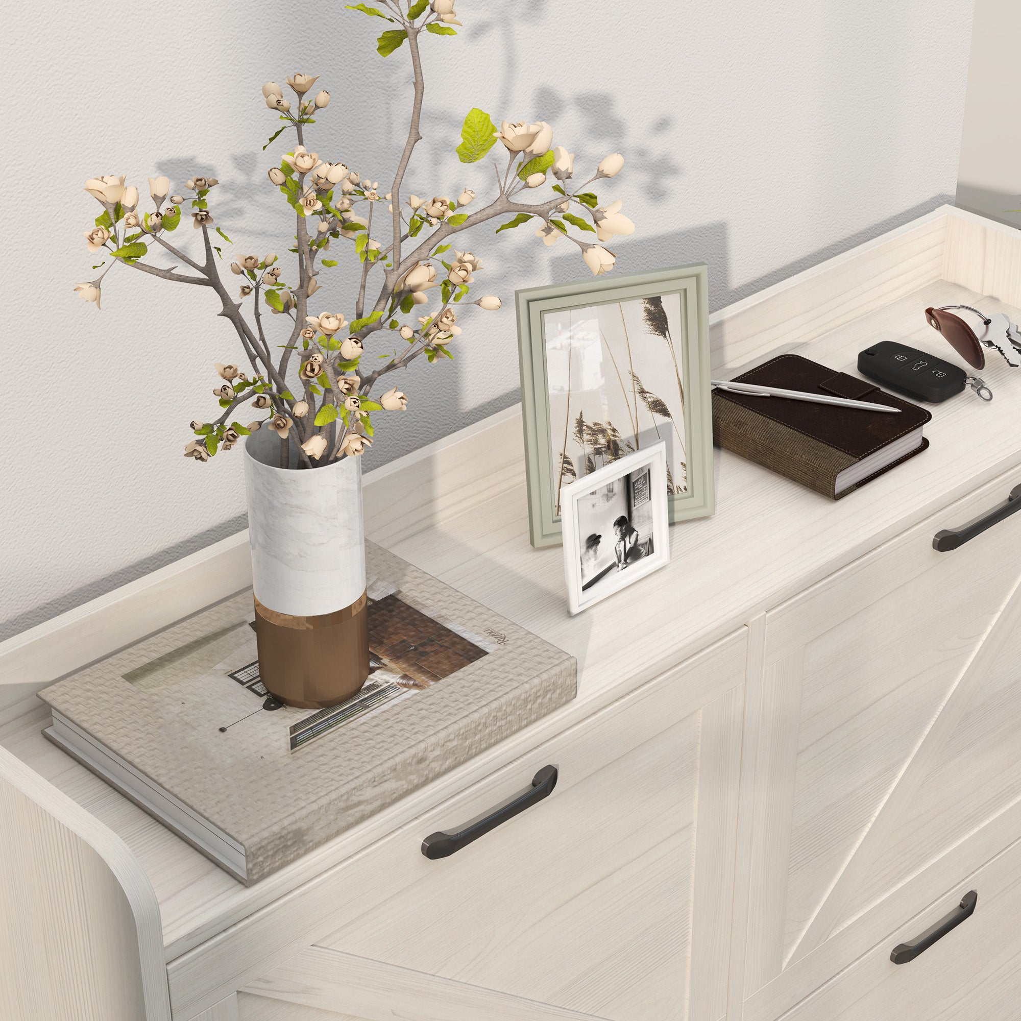 Narrow Shoe Storage Cabinet with 4 Flip Drawers, Adjustable Shelves, 16 Pair Farmhouse Shoe Cabinet, White Oak Shoe Storage Cabinets & Racks at Gallery Canada